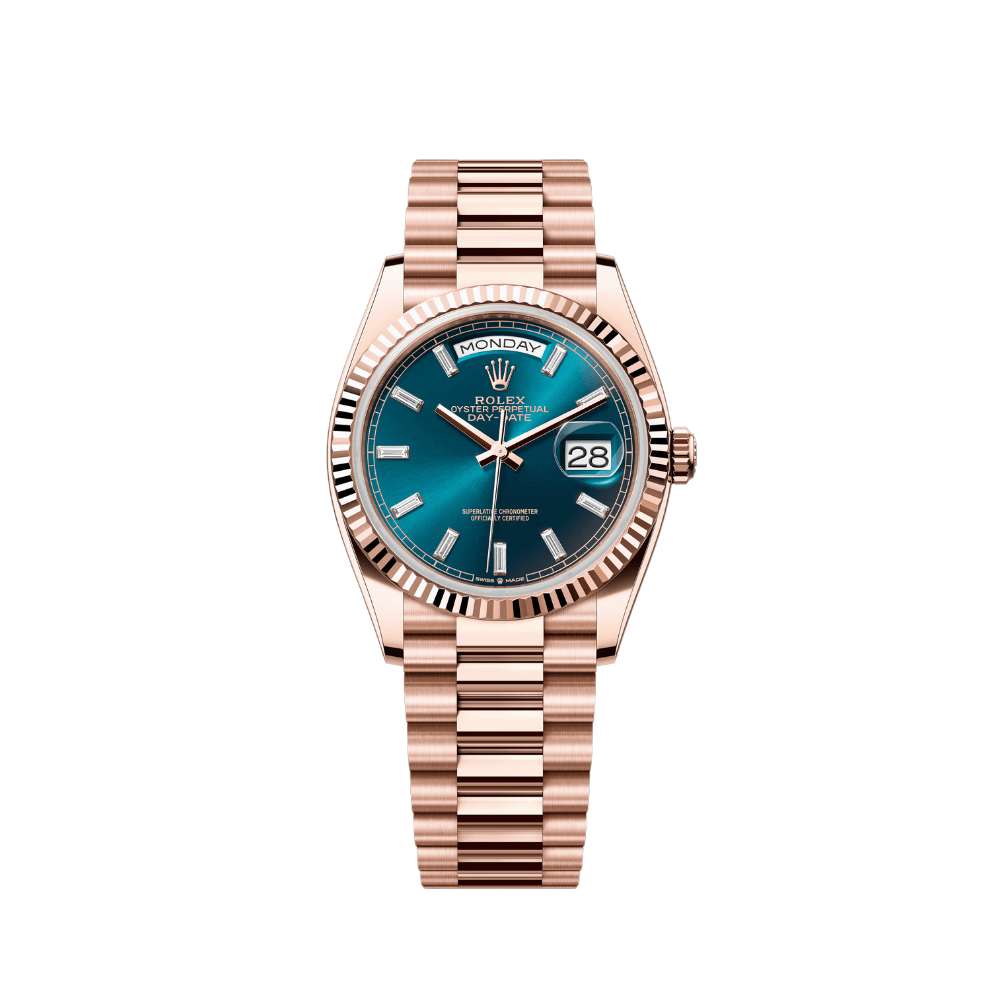 Rolex Day-Date 128235 Rose Gold Blue-Green Baguette Marker Dial