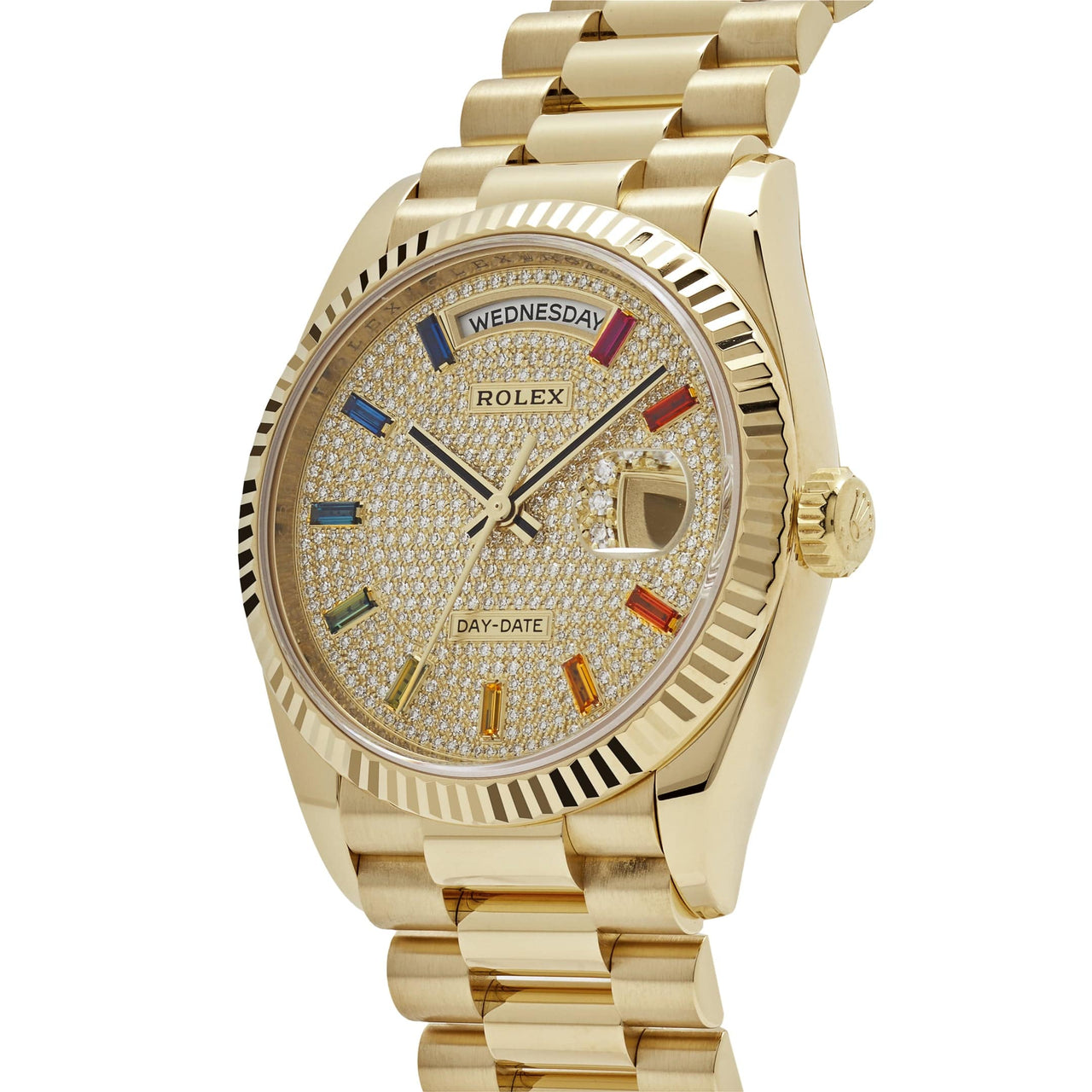 Rolex Day-Date 128238 Yellow Gold Diamond-Paved Rainbow Dial