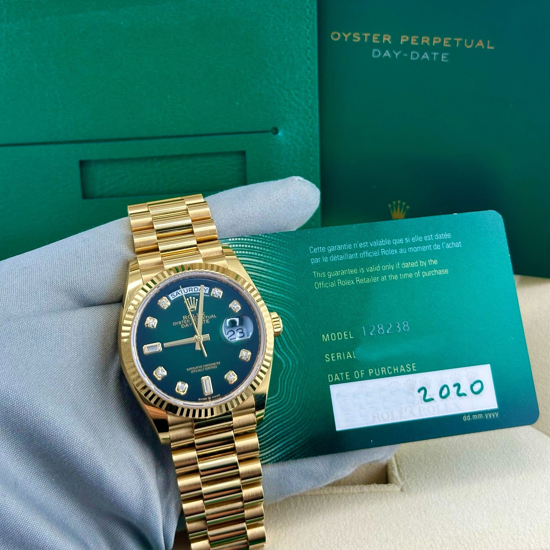 Rolex Day-Date 128238 Yellow Gold Green Diamond Dial (2020)