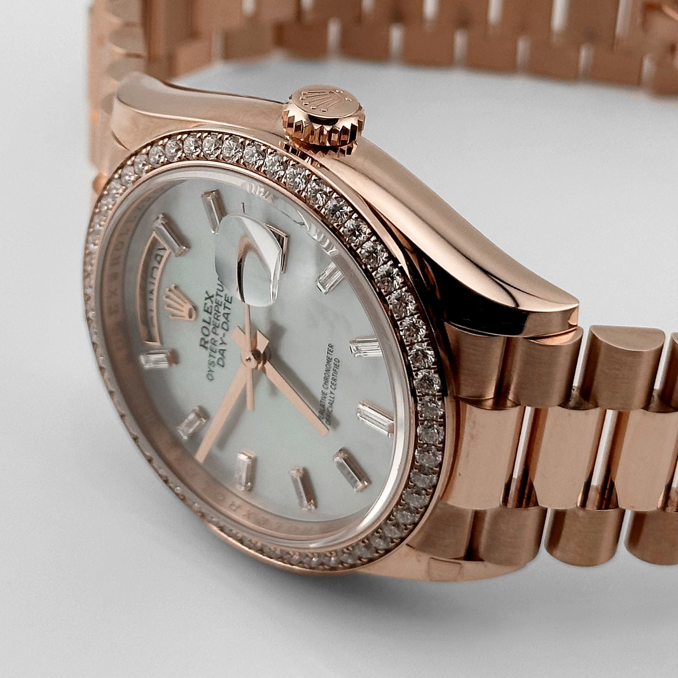 Rolex Day-Date 128345RBR Rose Gold Mother of Pearl Diamond Bezel (2025)