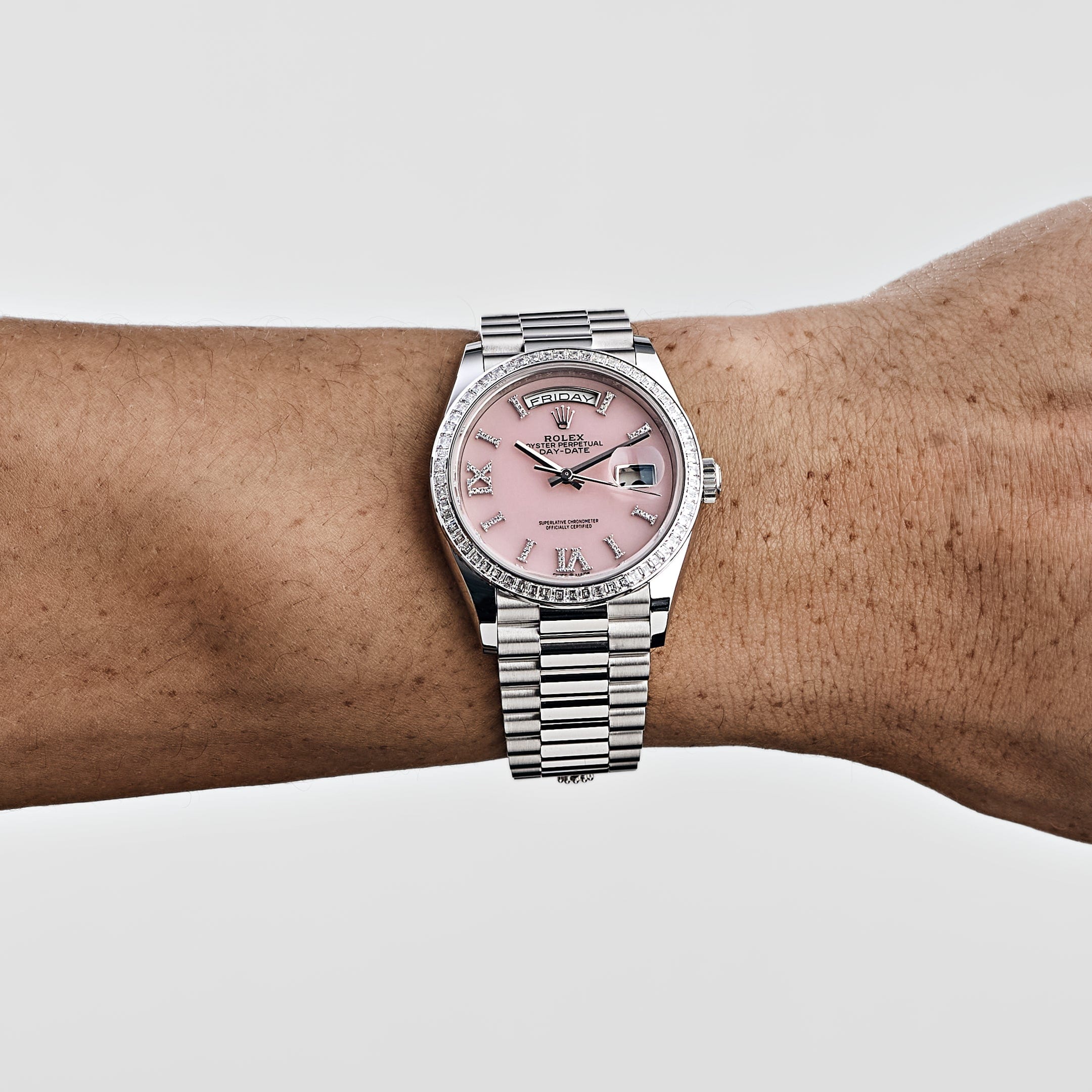 Rolex Day-Date 36 128396TBR Platinum Pink Opal Diamond Roman
