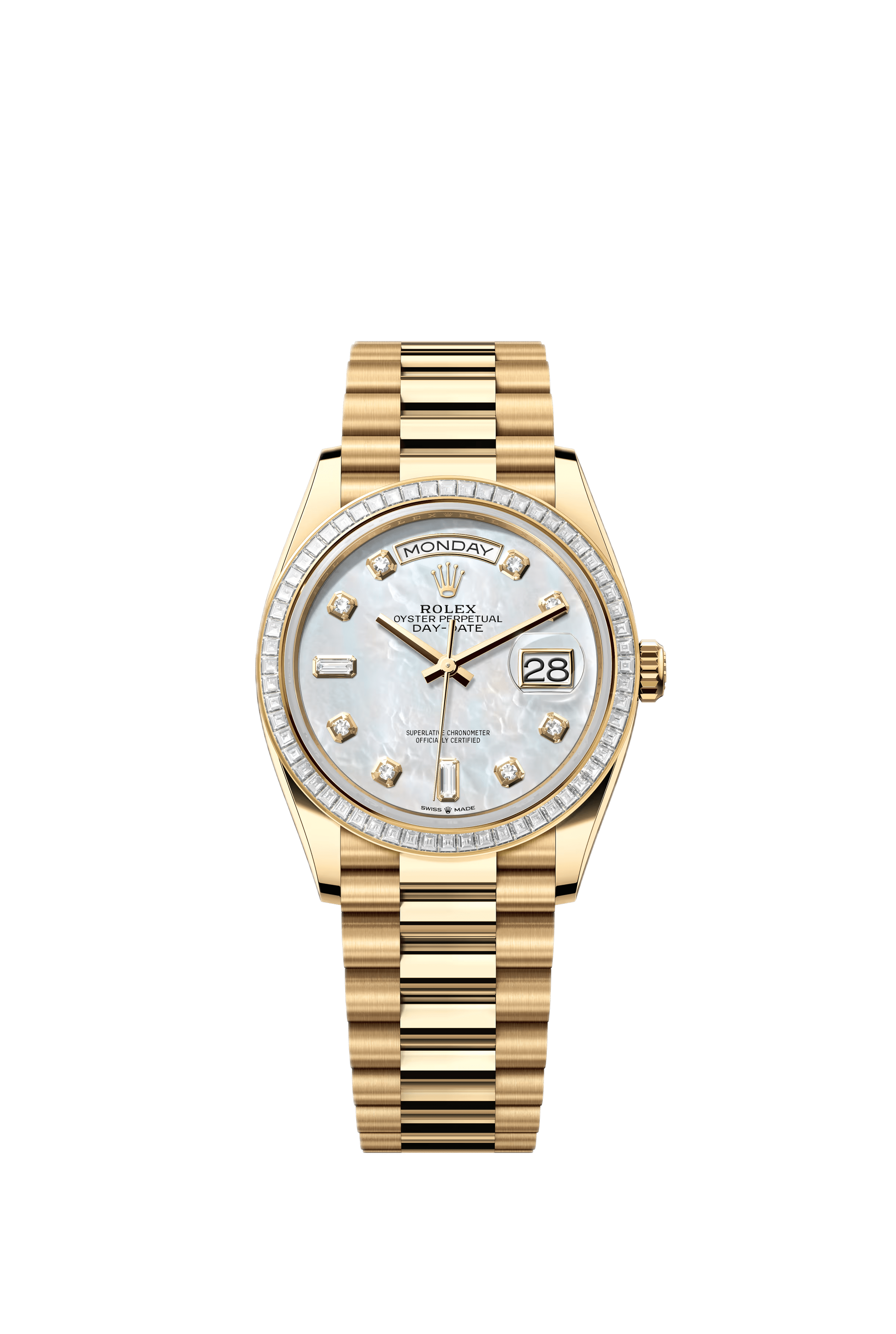 Rolex Day-Date 128398TBR Mother of Pearl Diamond Marker Dial Diamond Bezel Yellow Gold