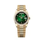 Rolex Day-Date 128398TBR Yellow Gold Green Ombre Roman Numeral Dial Baguette Diamond Bezel