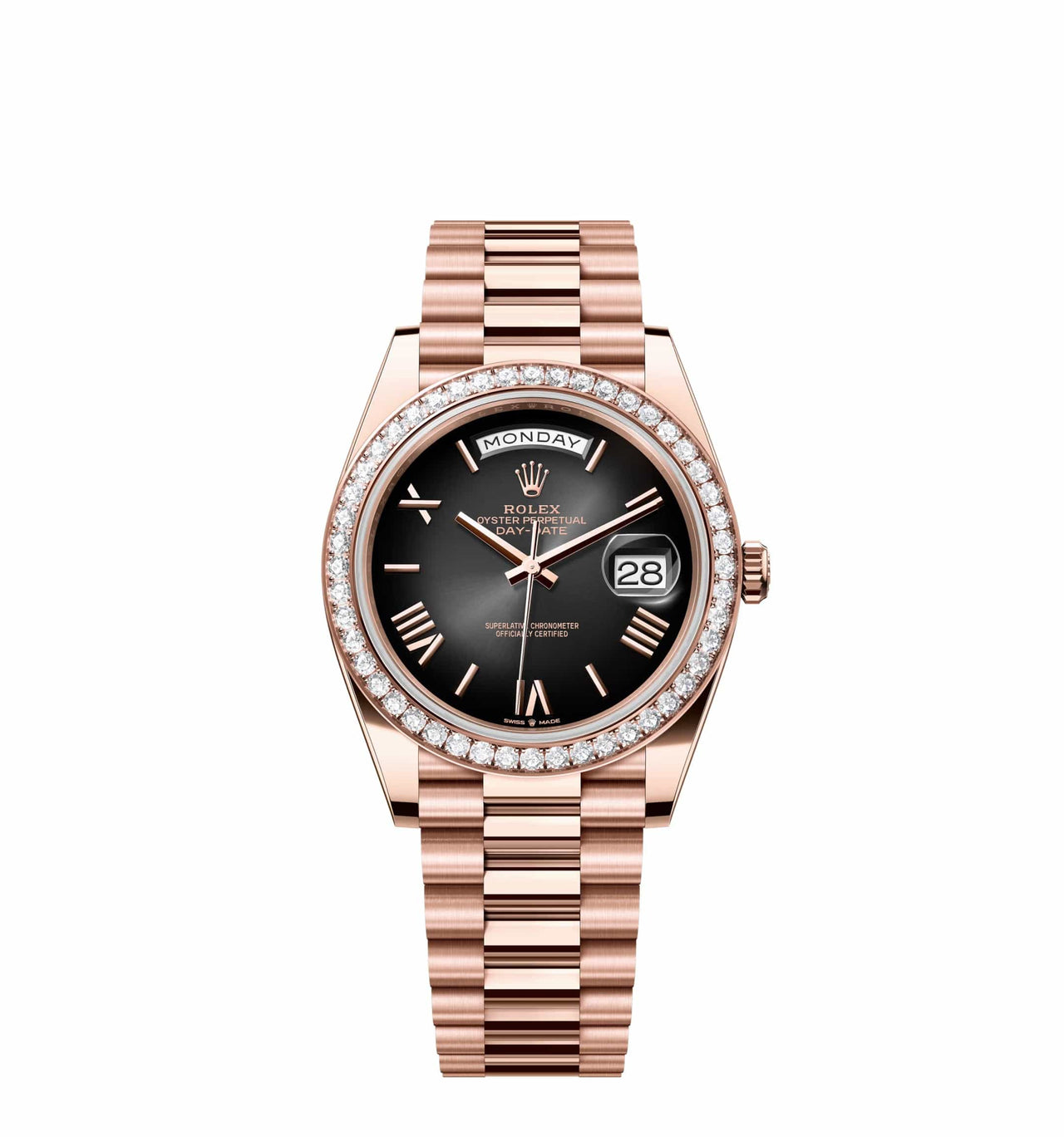 Rolex Day-Date 228235 Rose Gold Black Dial Diamond Bezel