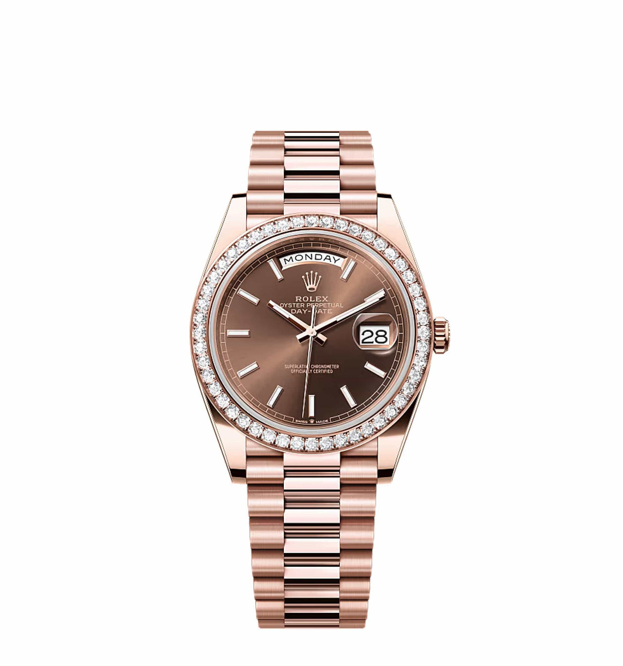 Rolex Day-Date 228235 Rose Gold Chocolate Dial Diamond Bezel