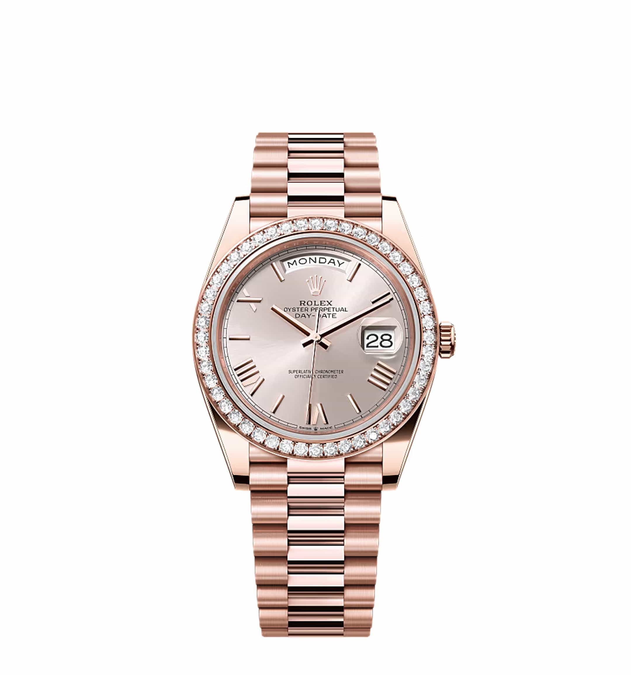 Rolex Day-Date 228235 Rose Gold Sundust Roman Dial Diamond Bezel