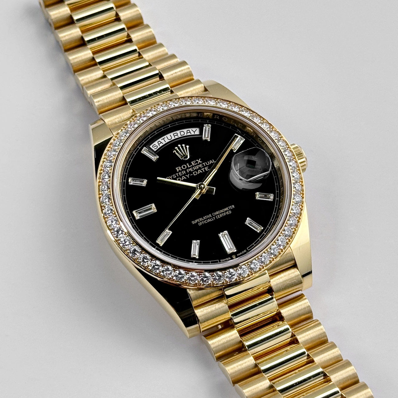 Rolex Day-Date 228348RBR Yellow Gold Black Diamond Dial Diamond Bezel (2021)