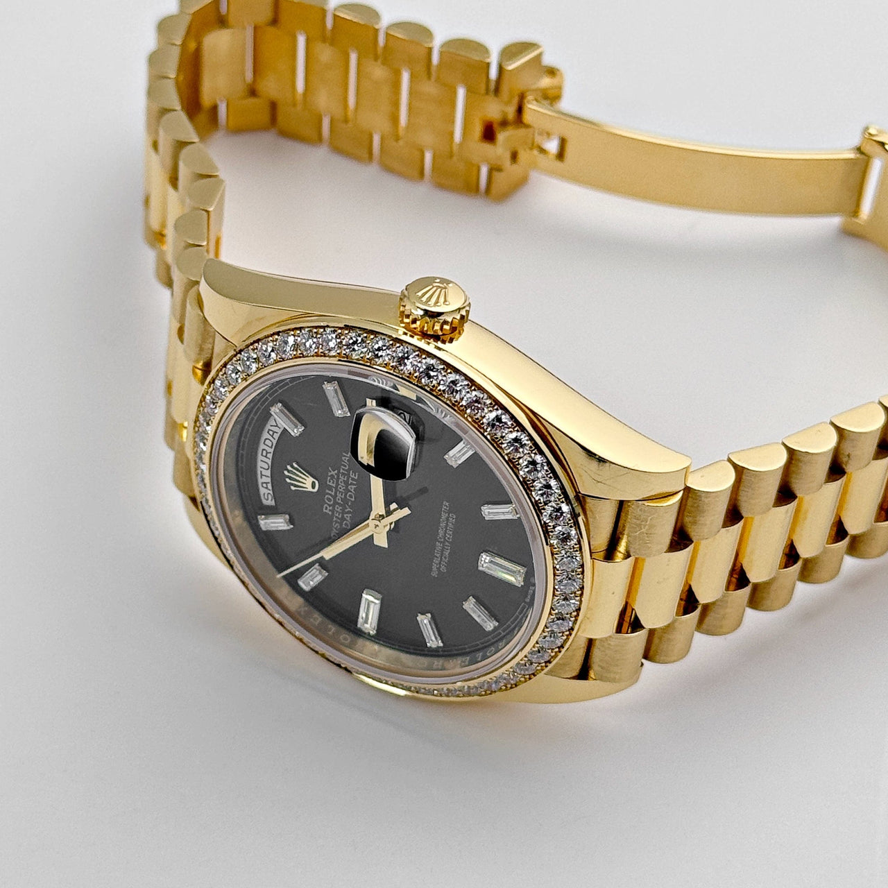 Rolex Day-Date 228348RBR Yellow Gold Black Diamond Dial Diamond Bezel (2021)