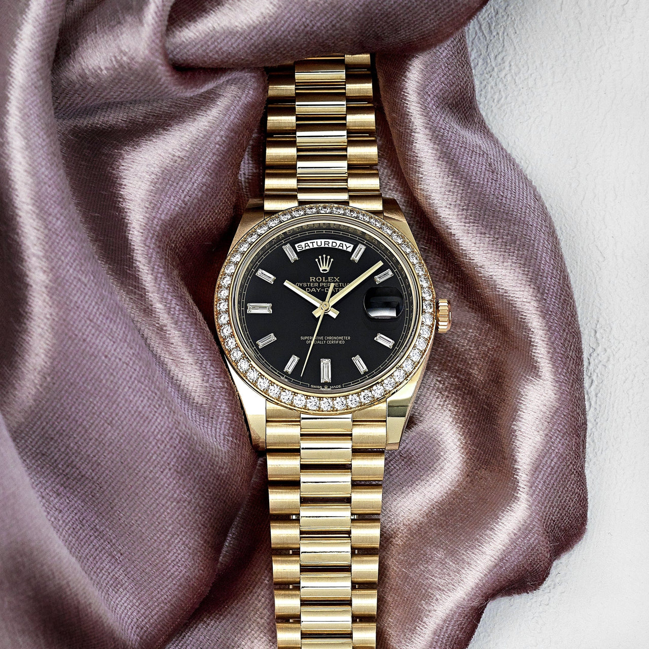 Rolex Day-Date 228348RBR Yellow Gold Black Diamond Dial Diamond Bezel (2021)