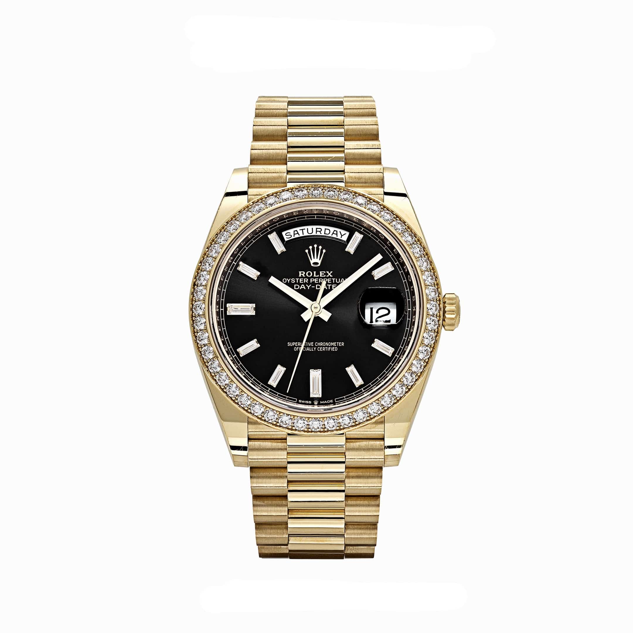 Rolex Day-Date 228348RBR Yellow Gold Black Diamond Dial Diamond Bezel