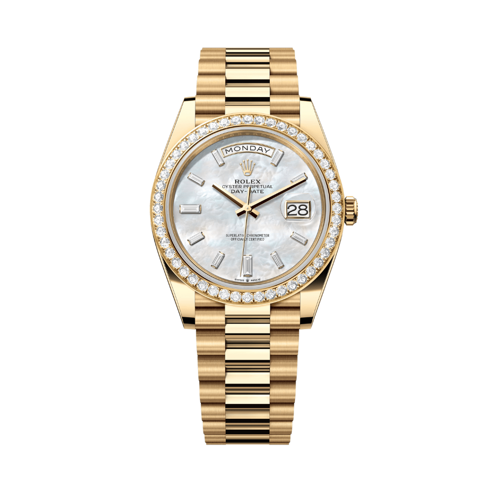 Rolex Day-Date 228348RBR Yellow Gold Diamond Bezel Baguette Mother of Pearl Dial