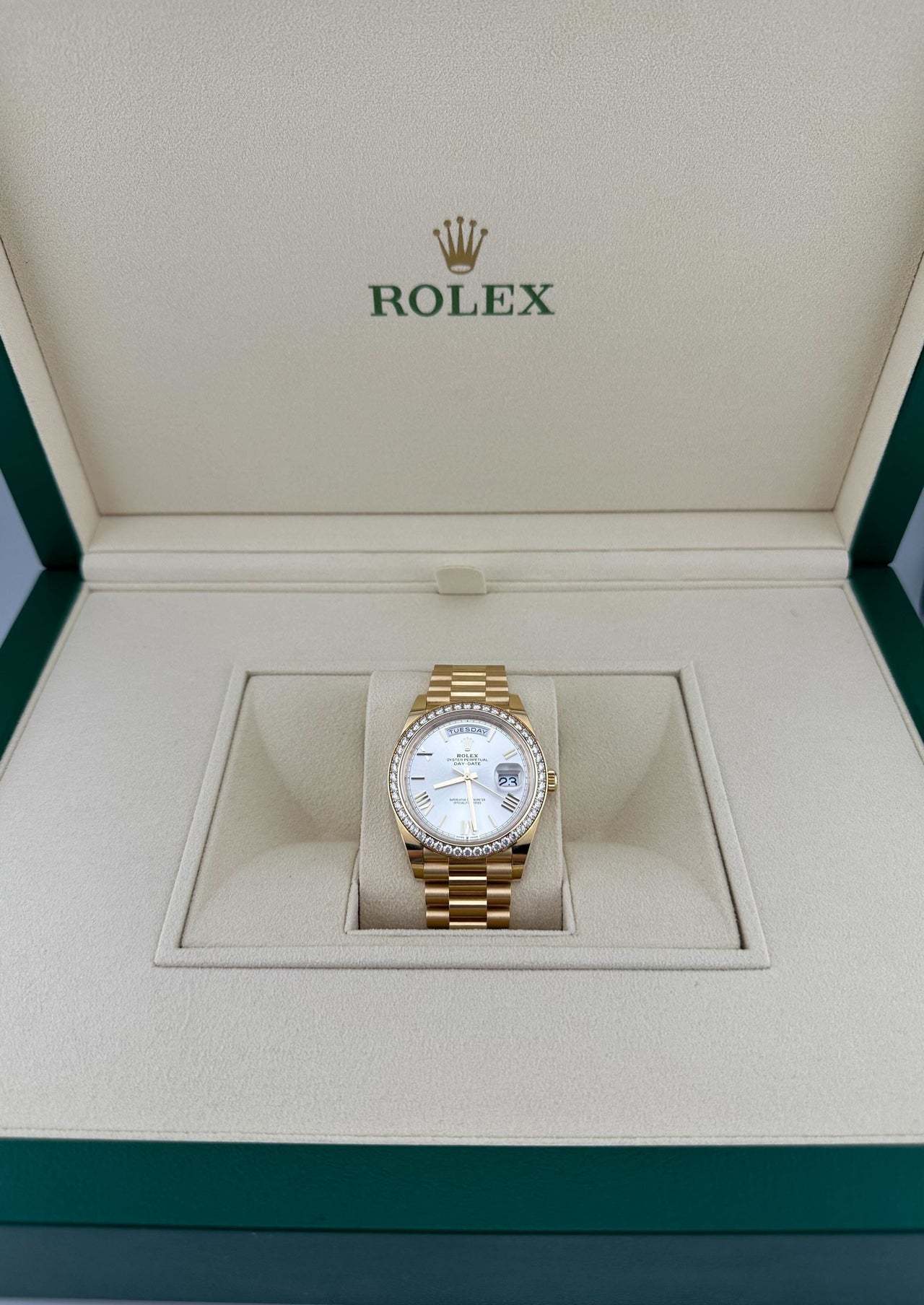 Rolex Day-Date 228348RBR Yellow Gold Diamond Bezel Silver Dial (2021)