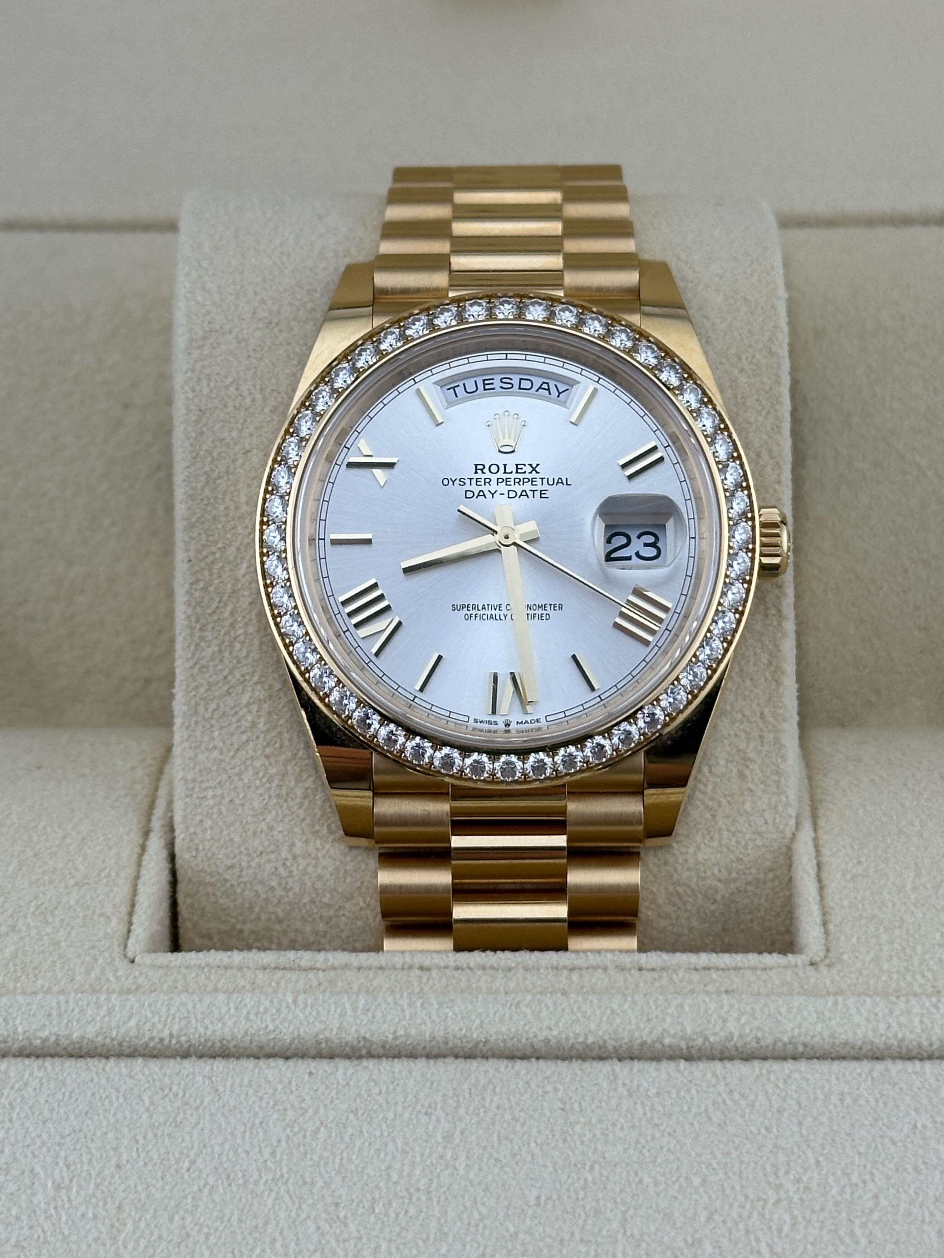 Rolex Day-Date 40 228348RBR Yellow Gold Diamond Bezel Silver Dial