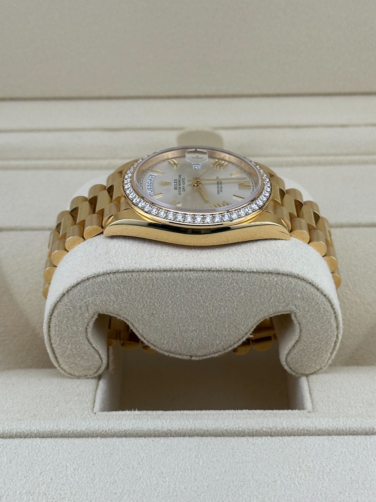 Rolex Day-Date 228348RBR Yellow Gold Diamond Bezel Silver Dial (2021)