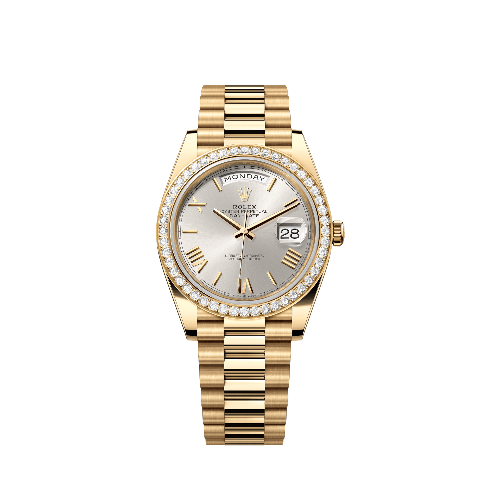 Rolex Day-Date 40 228348RBR Yellow Gold Diamond Bezel Silver Dial