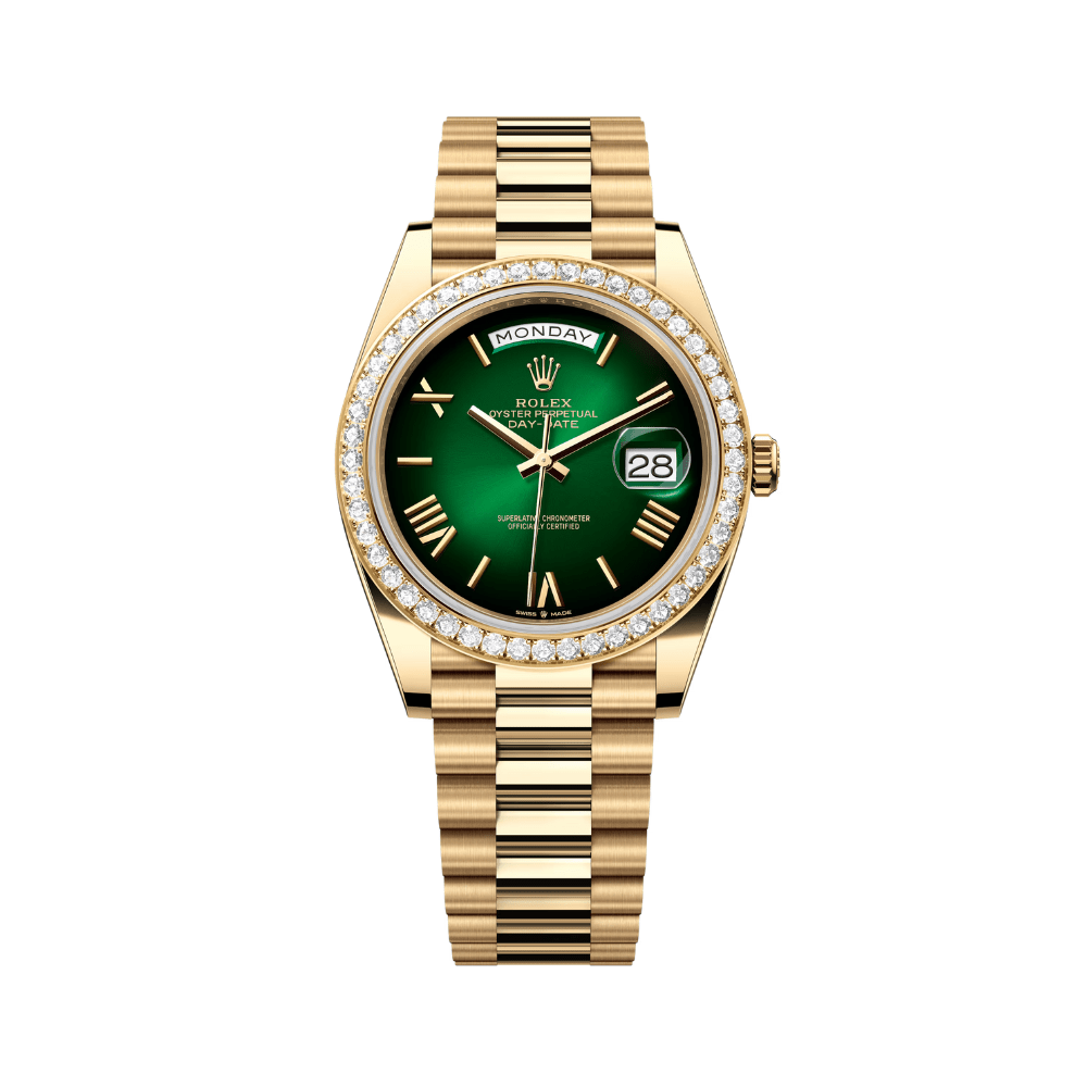 Rolex Day-Date 228348RBR Yellow Gold Green Ombre Roman Numeral Dial Diamond Bezel