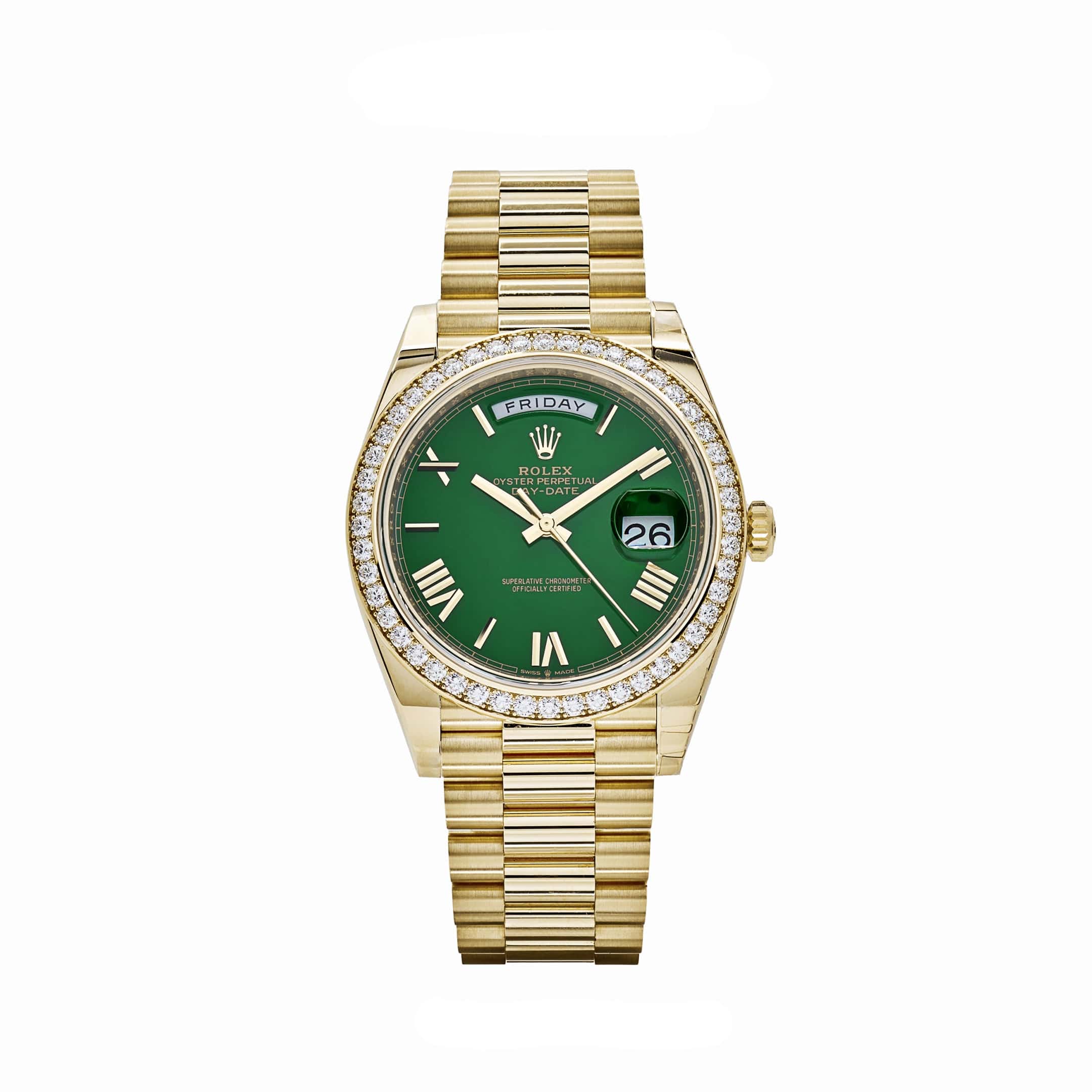 Rolex Day-Date 228348RBR Yellow Gold Green Roman Numeral Dial Diamond Bezel (2024)