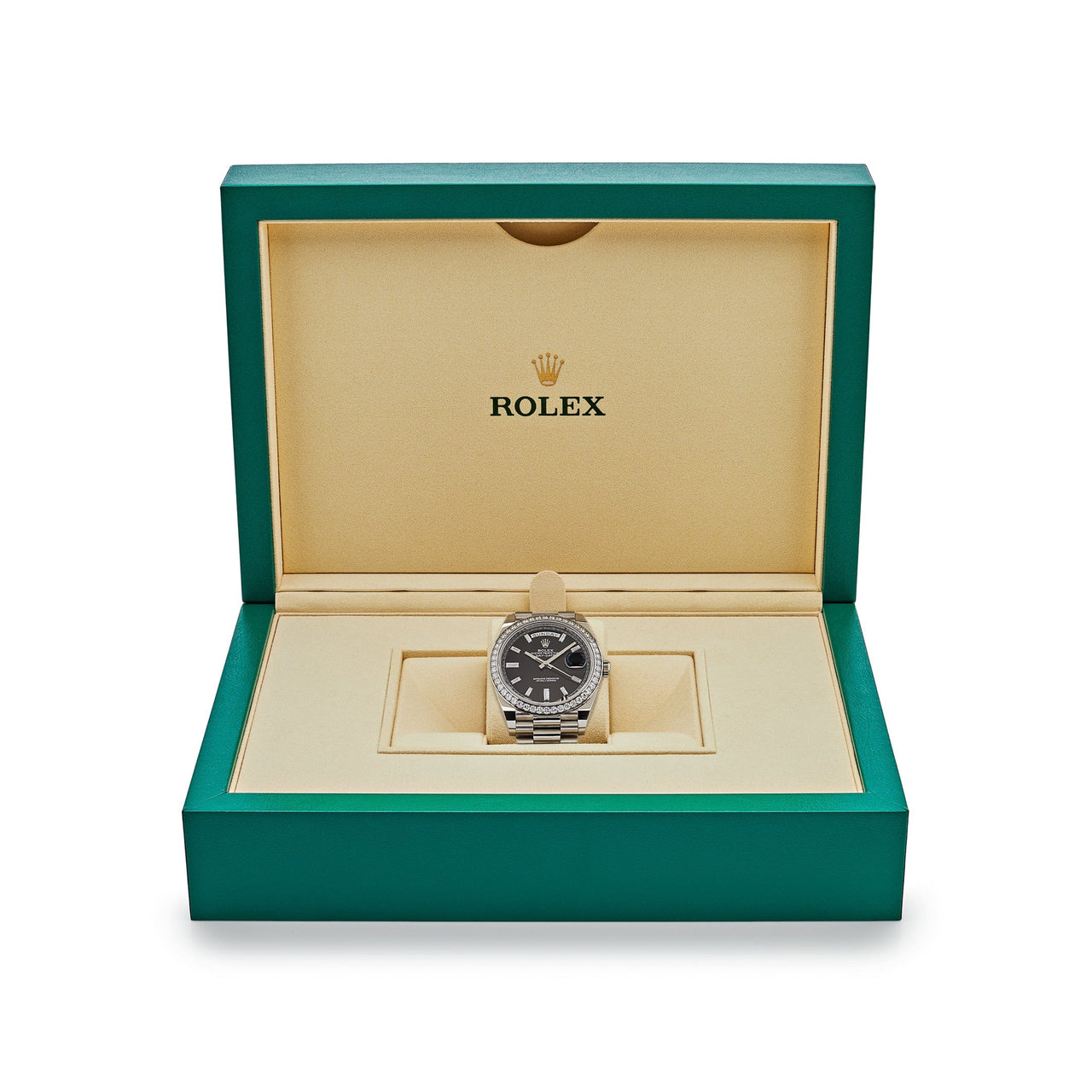 Rolex Day-Date 228349RBR White Gold Diamond Bezel Black Dial (2024)