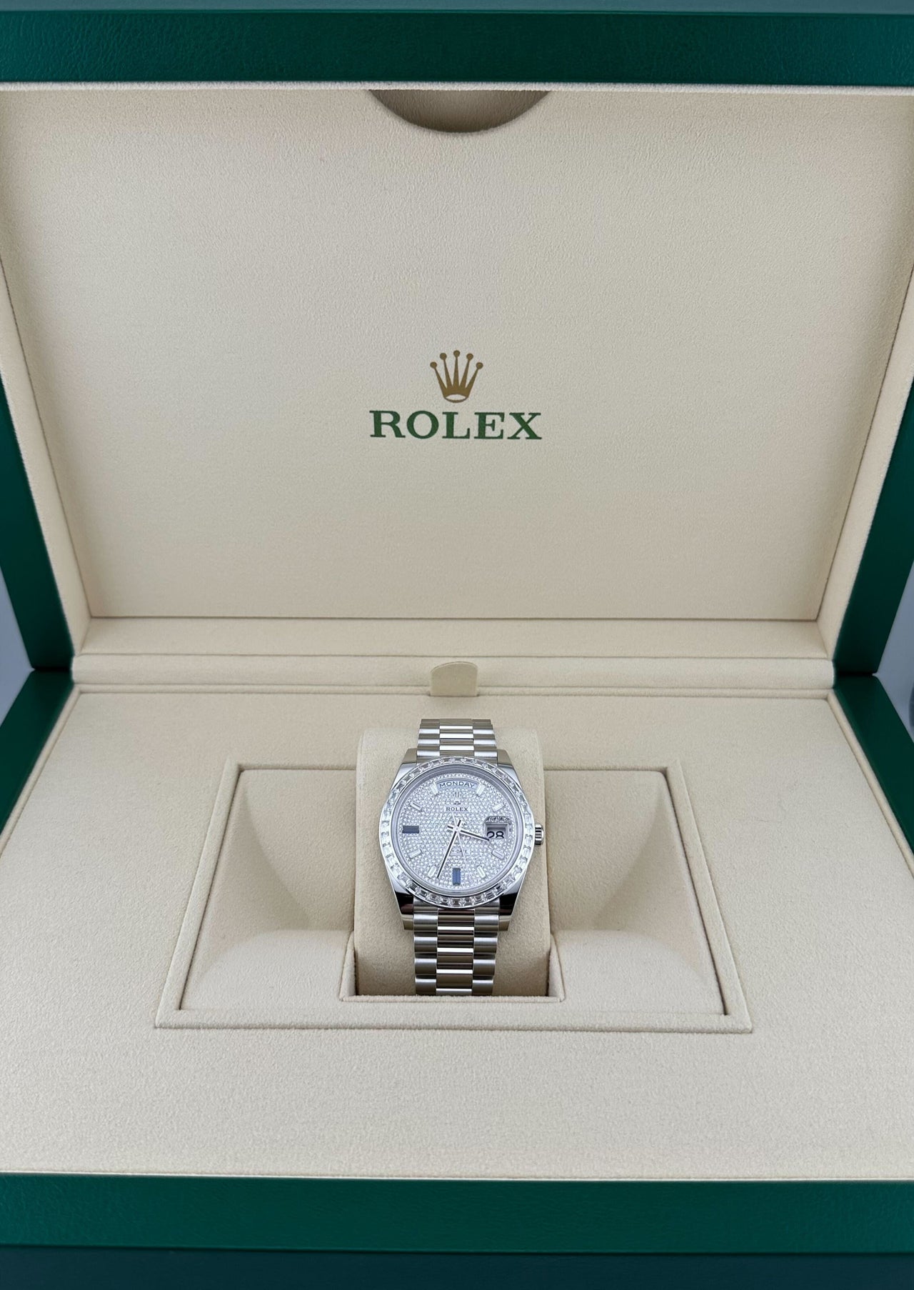 Rolex Day-Date 228396TBR Platinum Diamond Bezel Diamond-Paved Dial (2023)