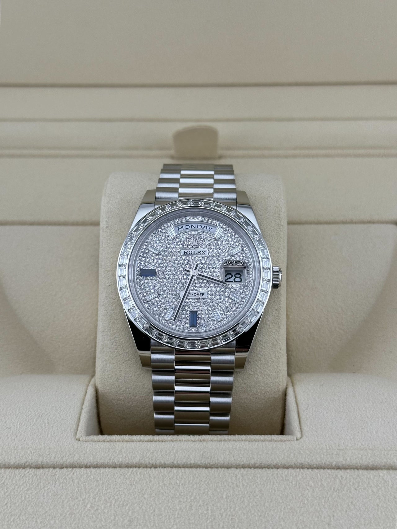 Rolex Day-Date 228396TBR Platinum Diamond Bezel Diamond-Paved Dial (2023)