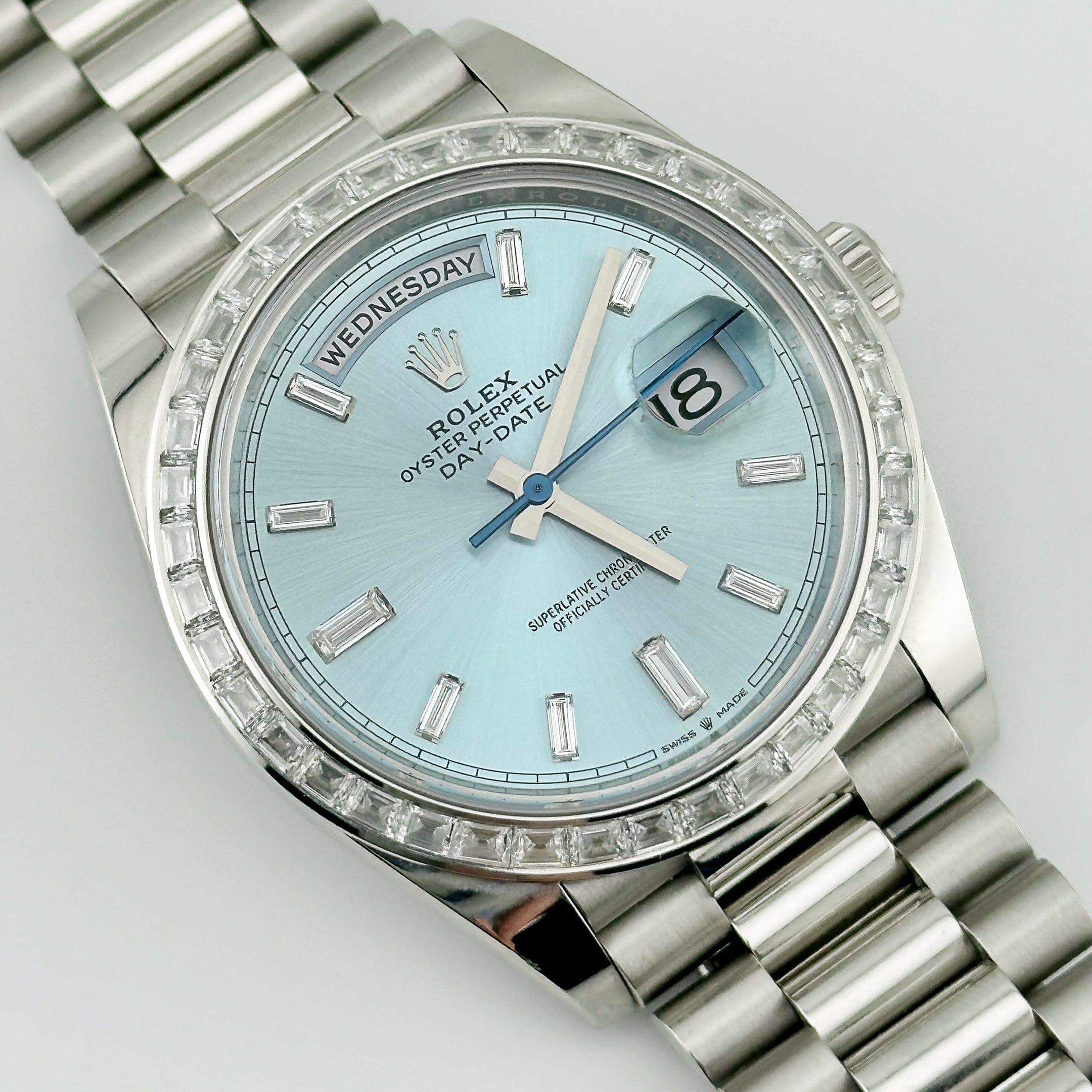 Rolex Day-Date 228396TBR Platinum Diamond Bezel Ice Blue Diamond Dial (2023)