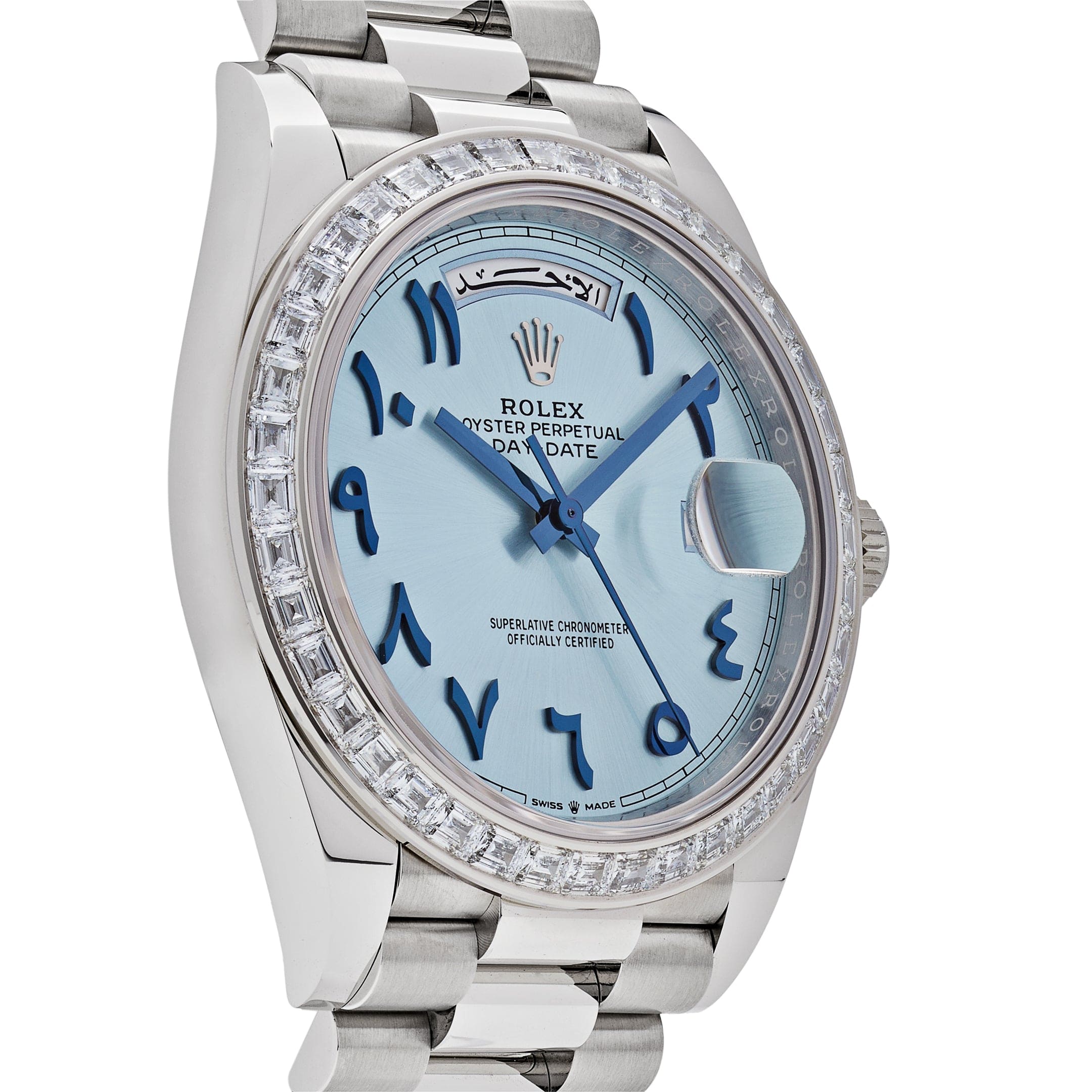 Rolex Day-Date 228396TBR Platinum Ice Blue Arabic Dial Diamond Bezel (2017)