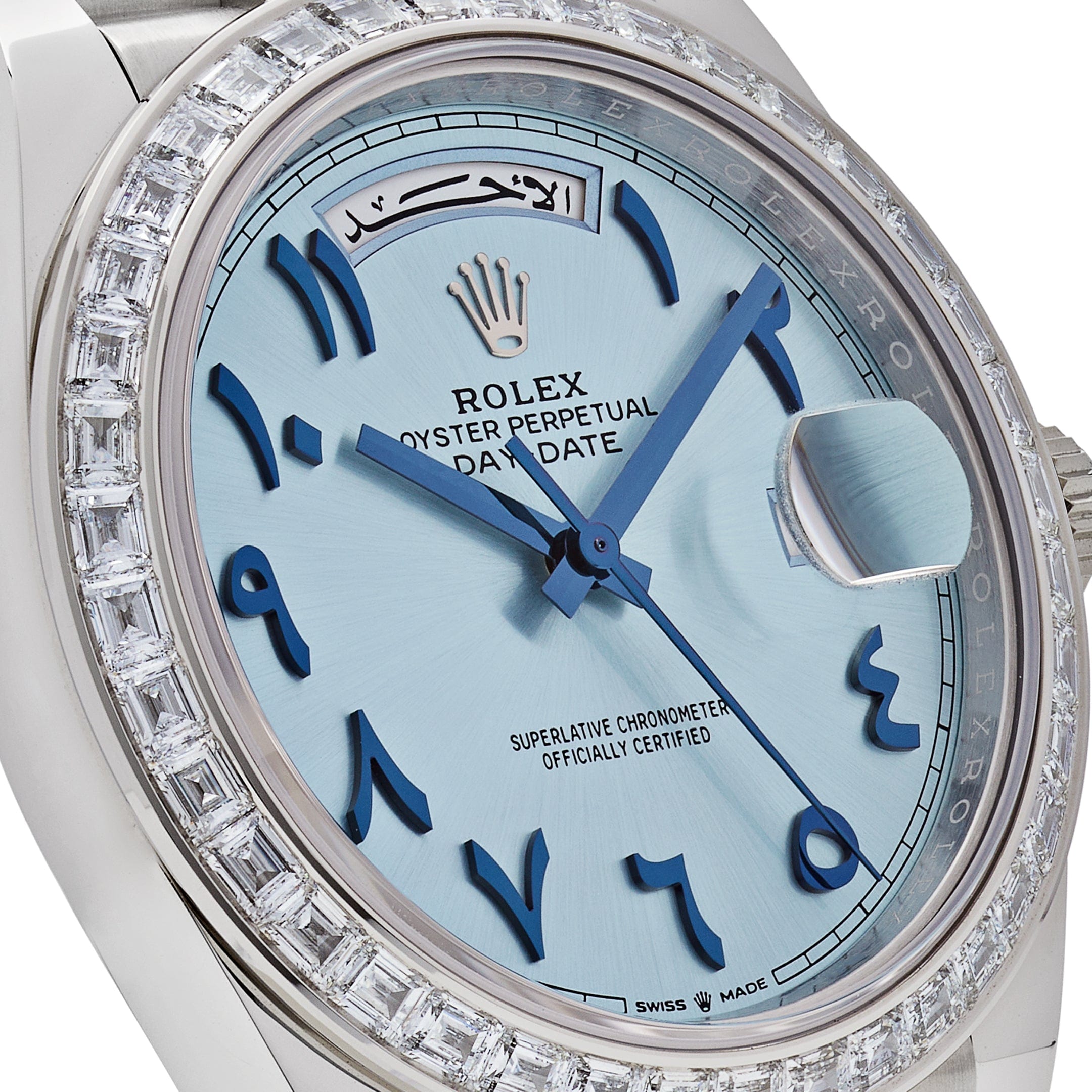 Rolex Day-Date 228396TBR Platinum Ice Blue Arabic Dial Diamond Bezel (2017)