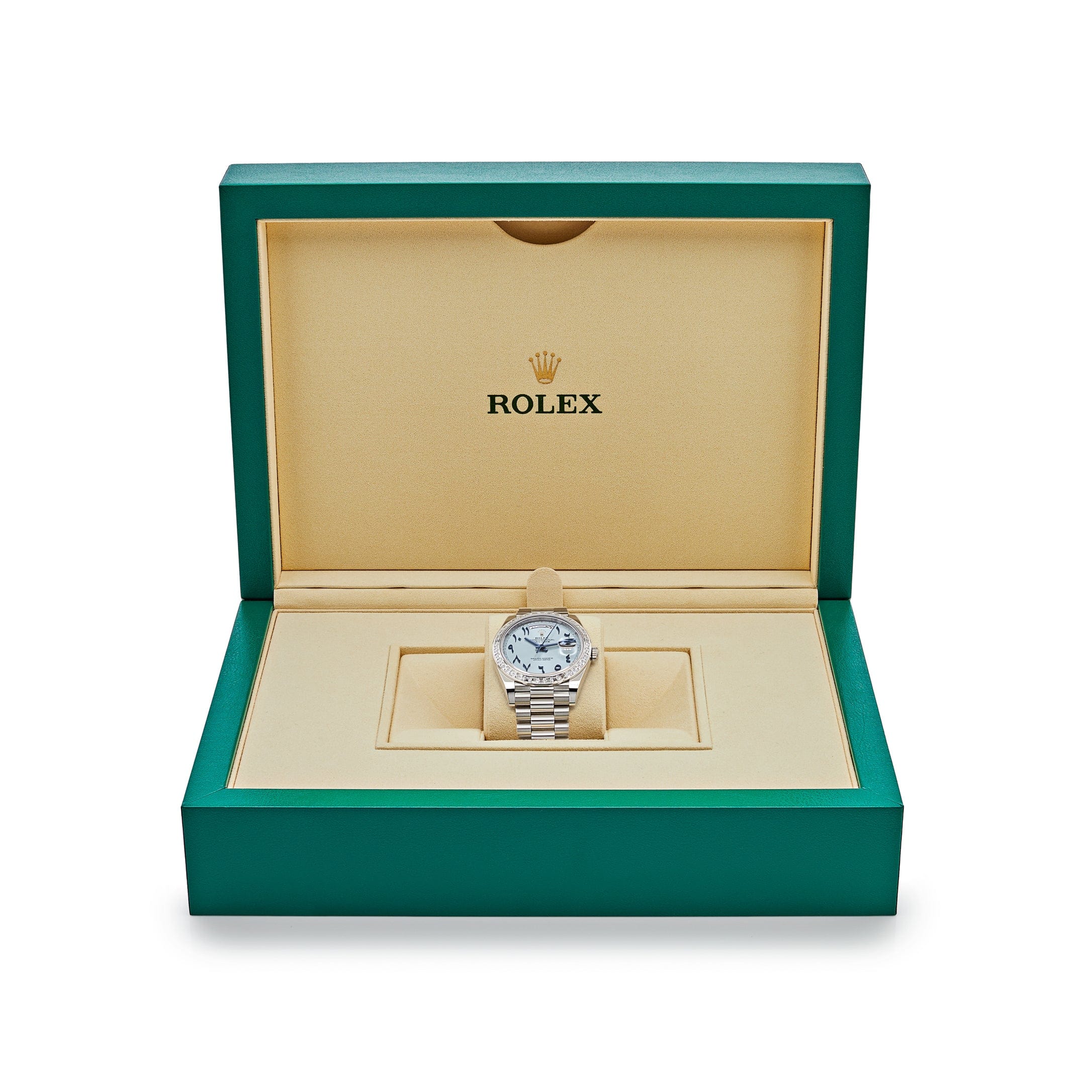 Rolex Day-Date 228396TBR Platinum Ice Blue Arabic Dial Diamond Bezel (2017)