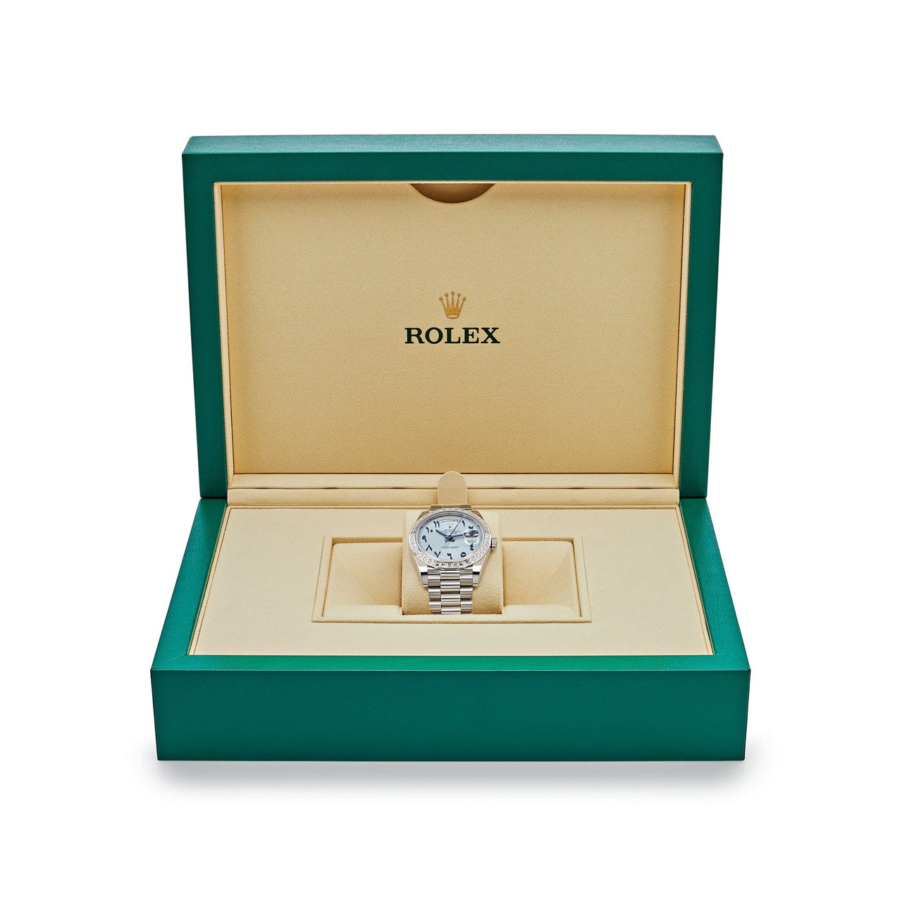 Rolex Day-Date 228396TBR Platinum Ice Blue Arabic Dial Diamond Bezel (2017)