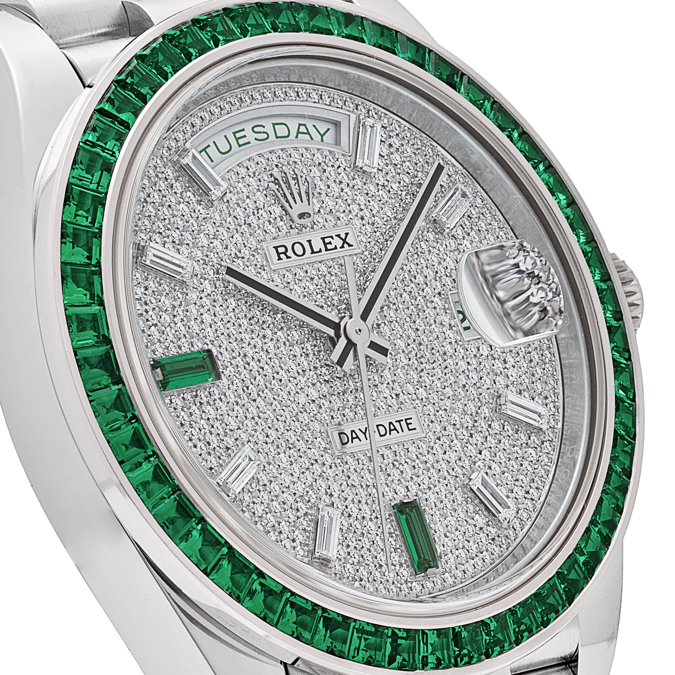 Rolex Day-Date 228396TEM Platinum Diamond Dial Emerald Bezel