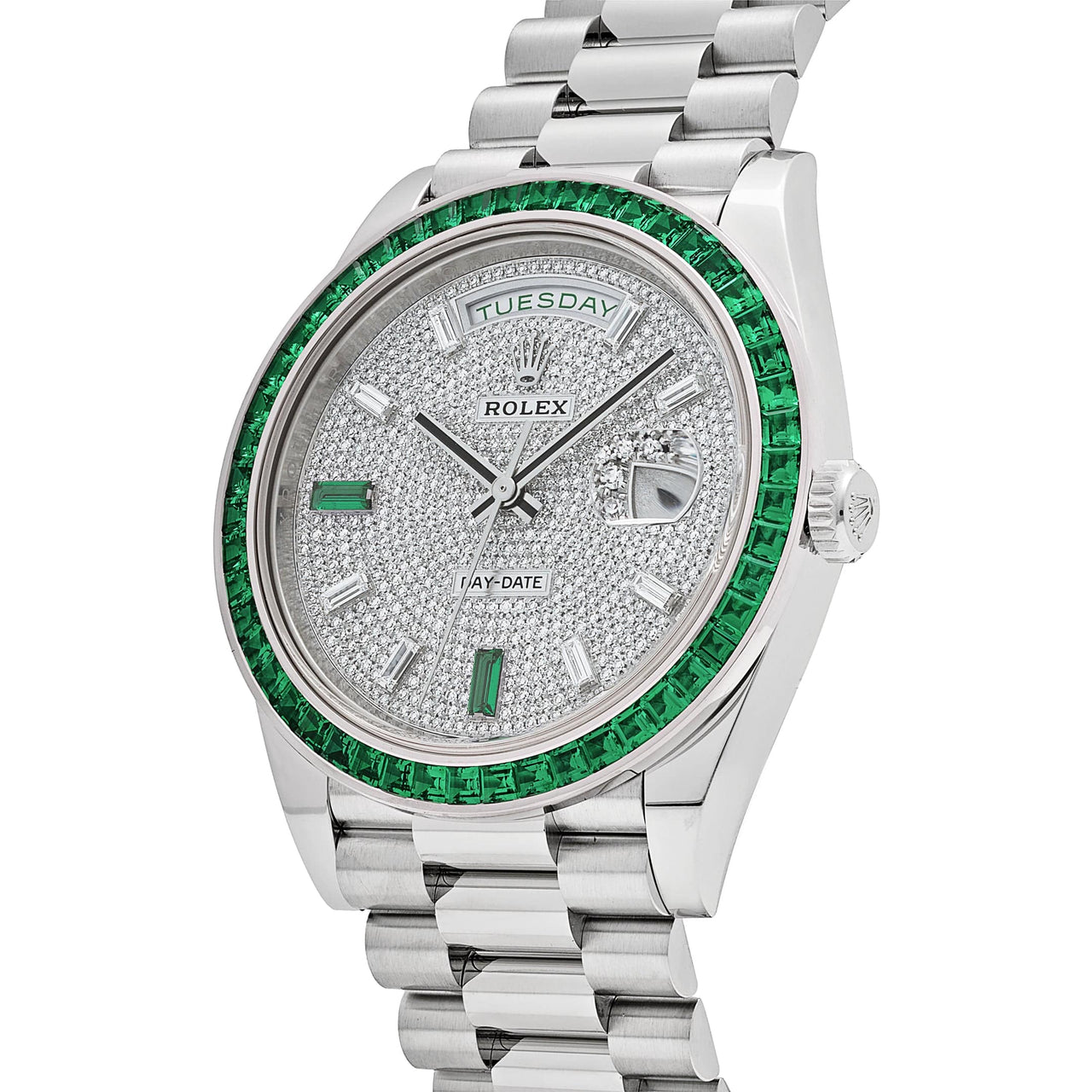 Rolex Day-Date 228396TEM Platinum Diamond Dial Emerald Bezel