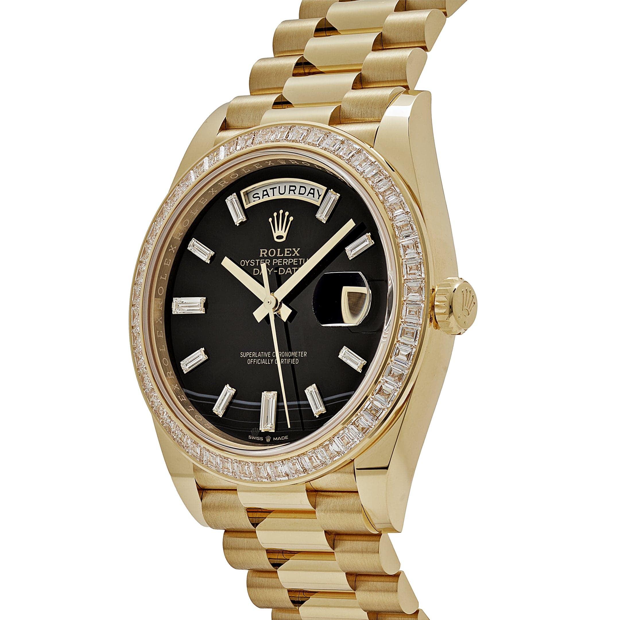 Rolex Day-Date 40 228398TBR Yellow Gold Onyx Baguette Diamond Dial