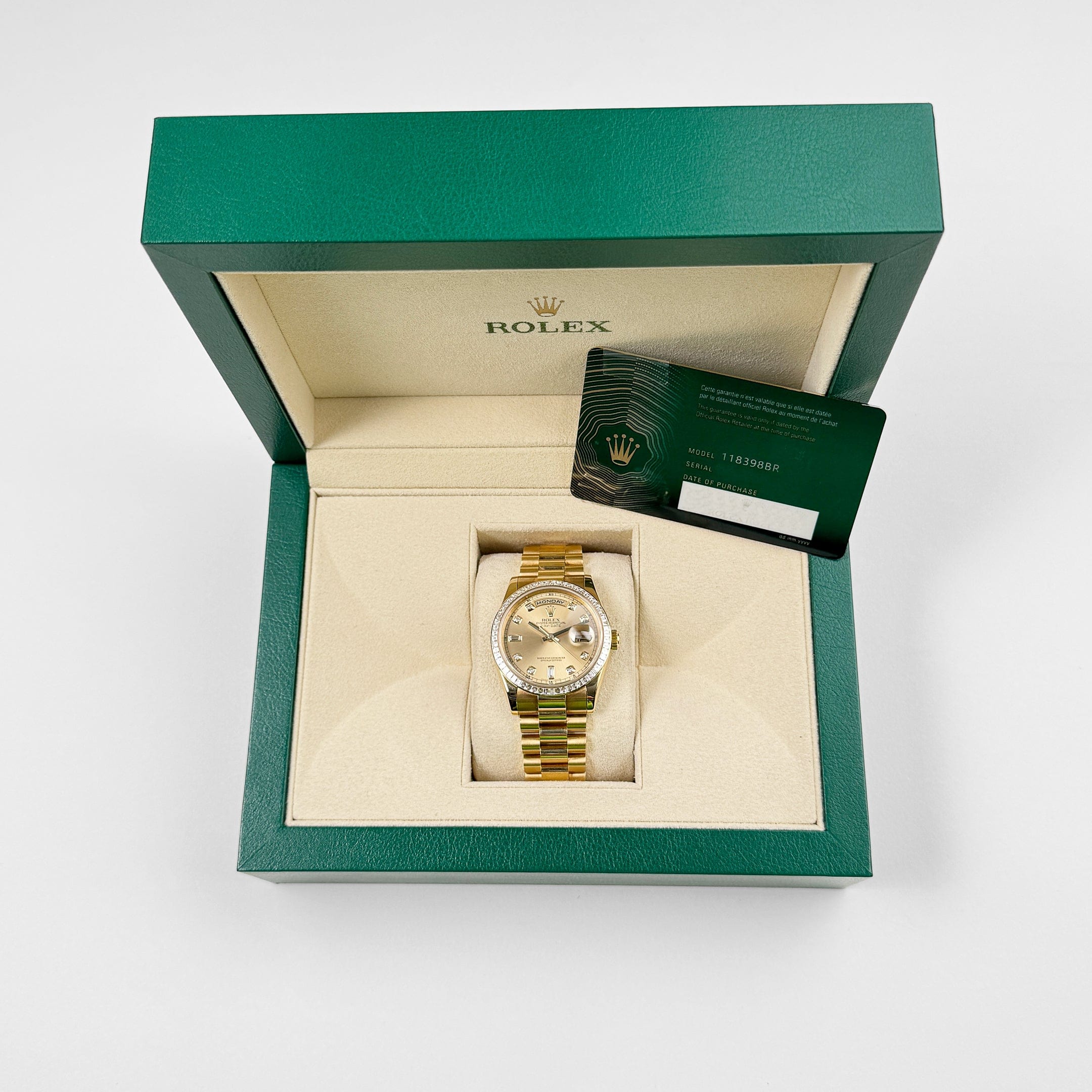 Rolex Day-Date 36 118398BR Yellow Gold Diamond Bezel Champagne