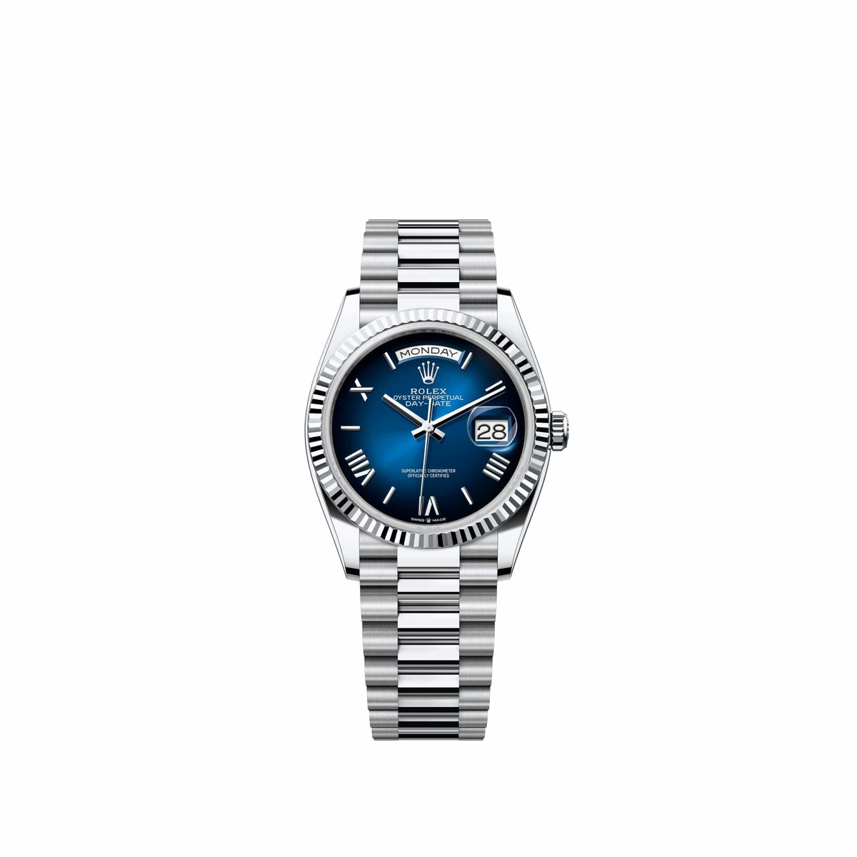 Rolex Day-Date 36 128236 Platinum Blue Ombre Roman Dial President (2026)