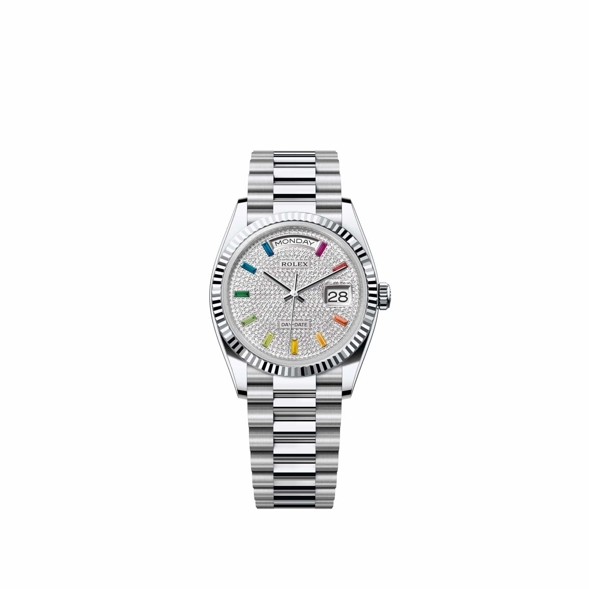 Rolex Day-Date 36 128236 Platinum Diamond-Paved Sapphire Dial President (2026)
