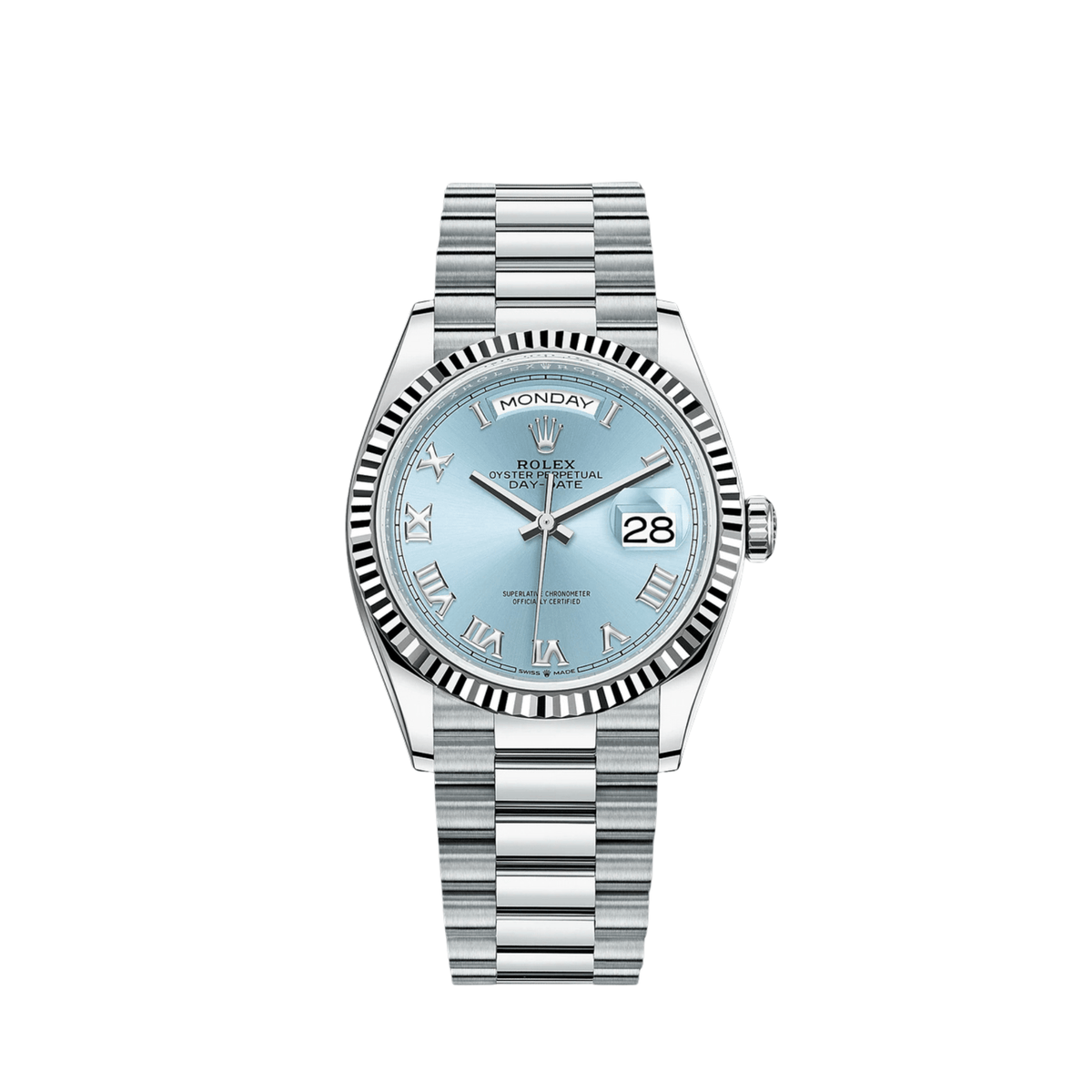 Rolex Day-Date 36 128236 Platinum Ice Blue Roman Numerals Dial (2023)