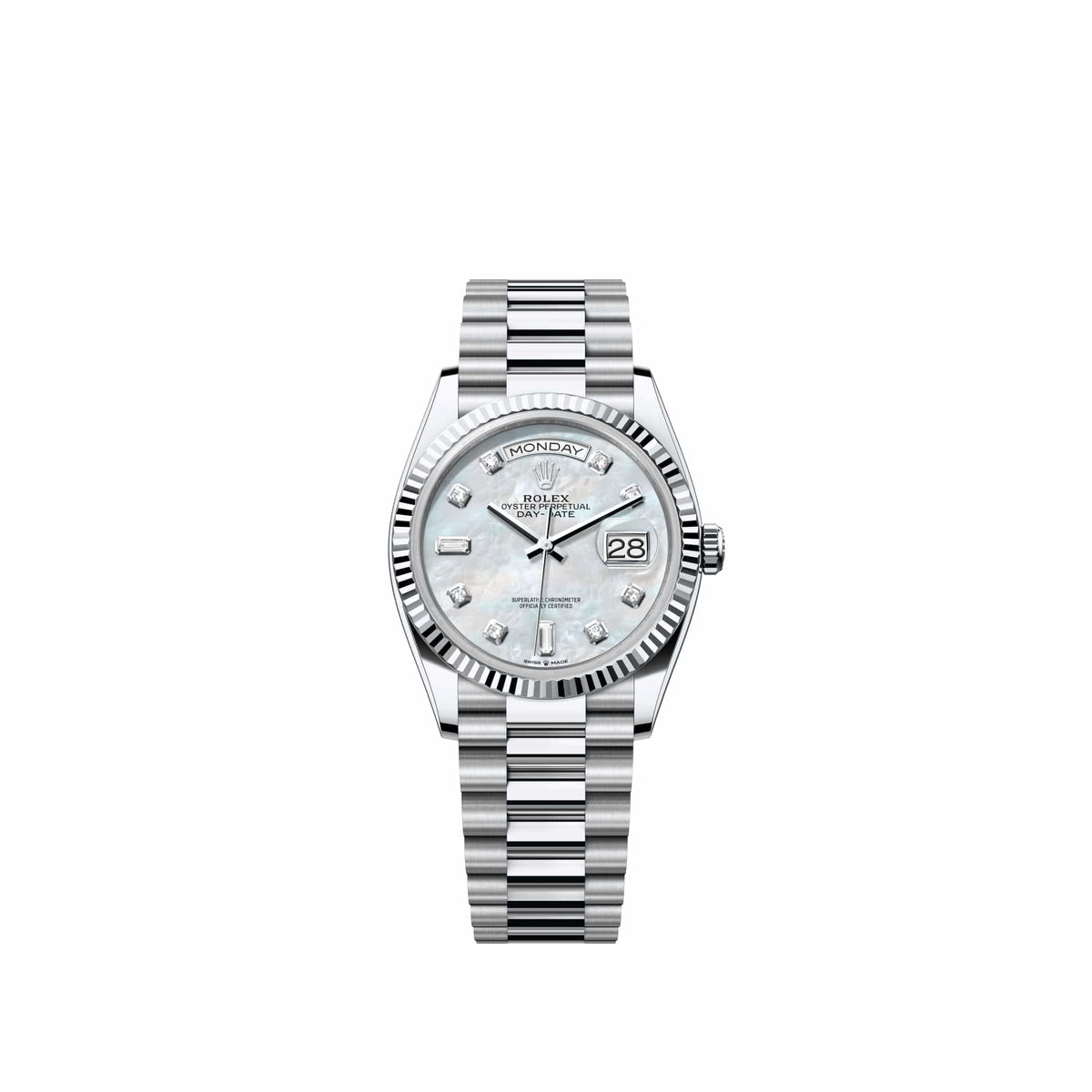 Rolex Day-Date 36 128236 Platinum White Mother of Pearl Diamond Dial President (2026)