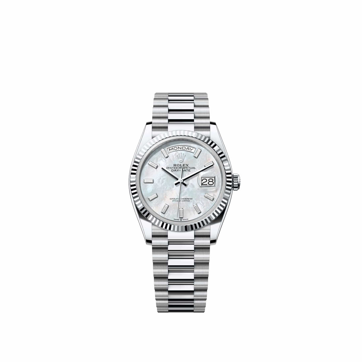 Rolex Day-Date 36 128236 Platinum White Mother of Pearl Diamond Dial President (2026)