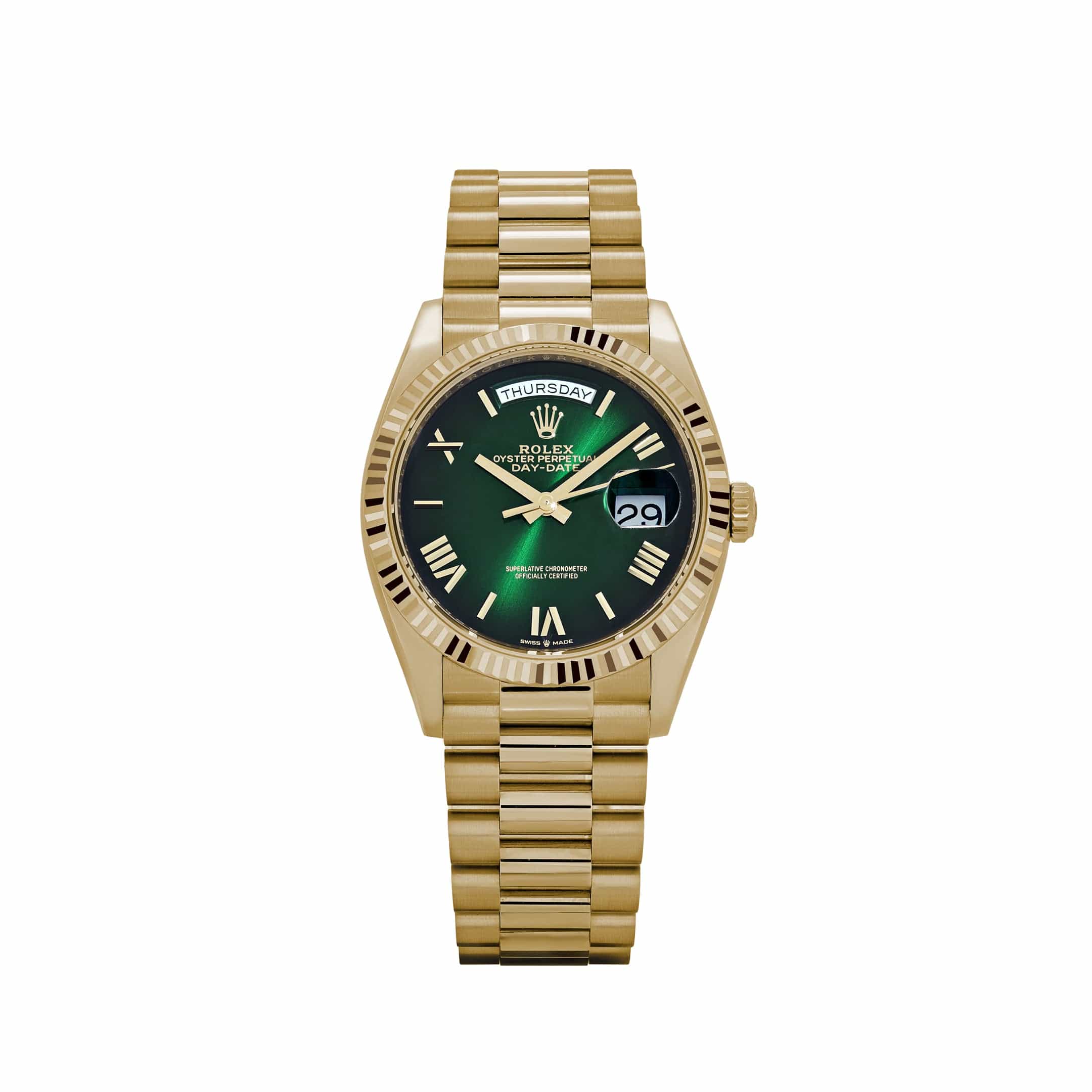 Rolex Day-Date 36 128238 Yellow Gold Green Ombre Roman Numeral Dial (2024)