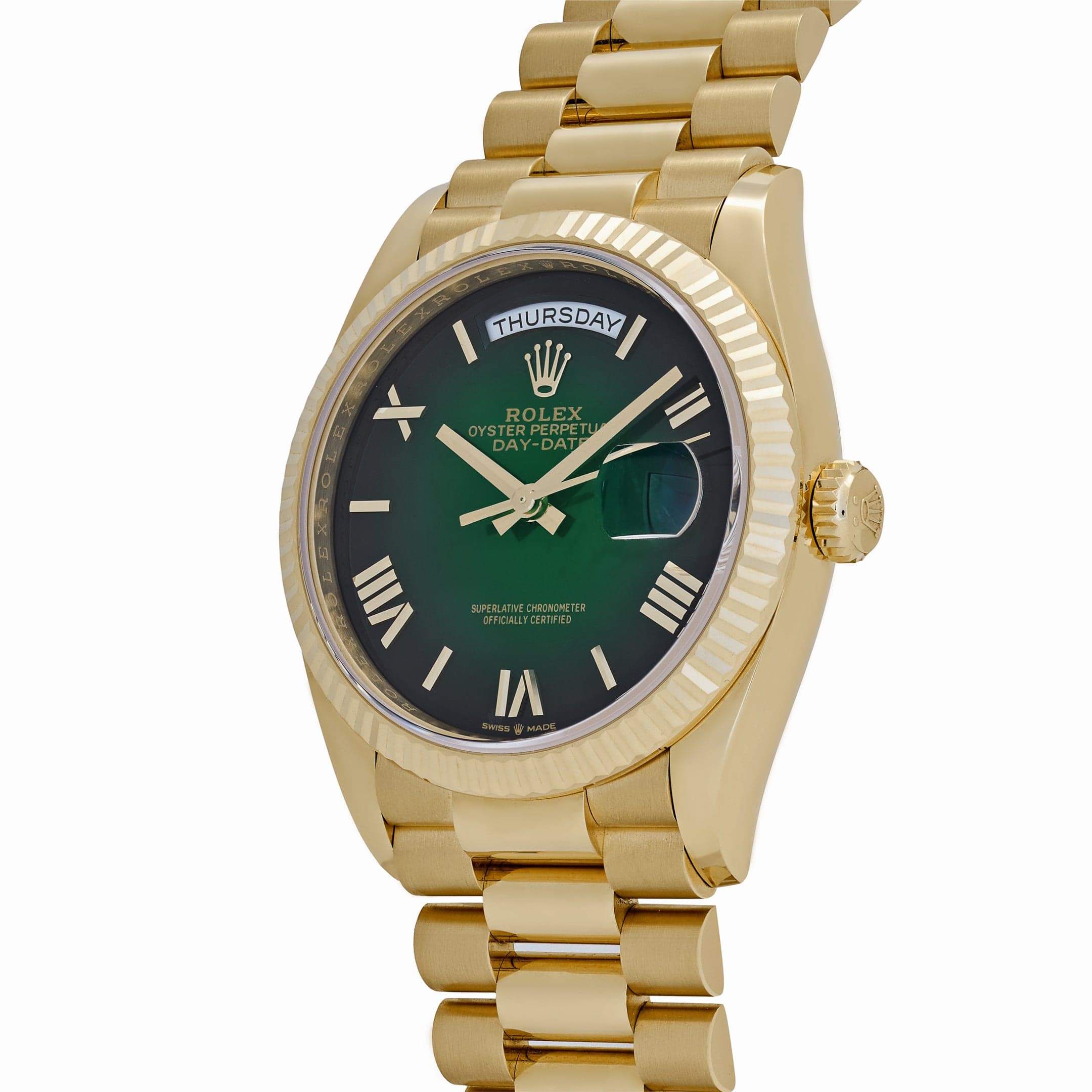 Rolex Day-Date 36 128238 Yellow Gold Green Ombre Roman Numeral Dial (2025)