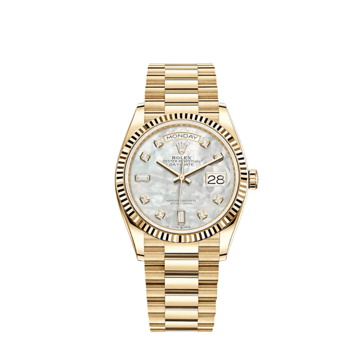 Rolex Day-Date 36 128238 Yellow Gold White Mother of Pearl Diamond Dial (2026)