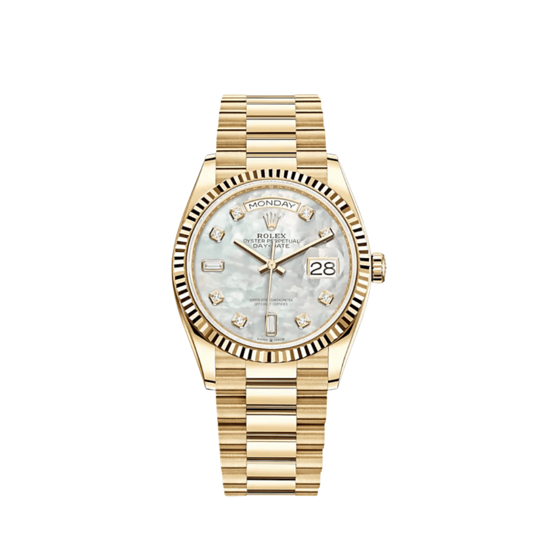 Rolex Day-Date 36 128238 Yellow Gold White Mother of Pearl Diamond Dial (2026)