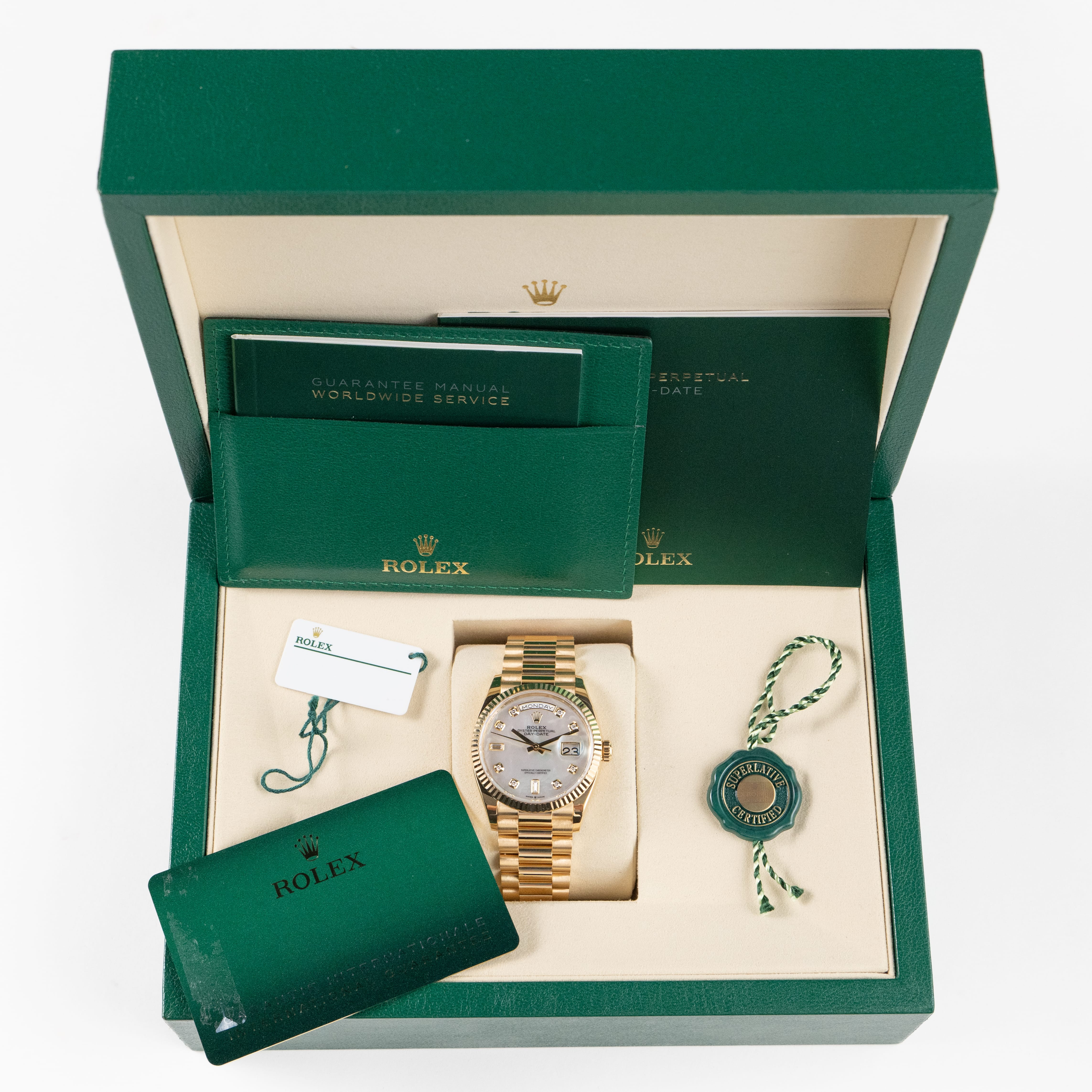 Rolex Day-Date 36 128238 Yellow Gold White Mother of Pearl Diamond Dial (2026)