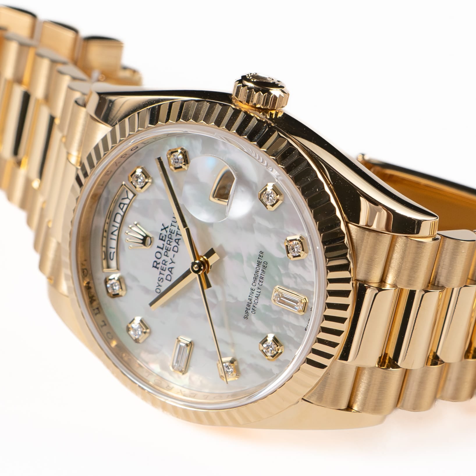 Rolex Day-Date 36 128238 Yellow Gold White Mother of Pearl Diamond Dial (2026)