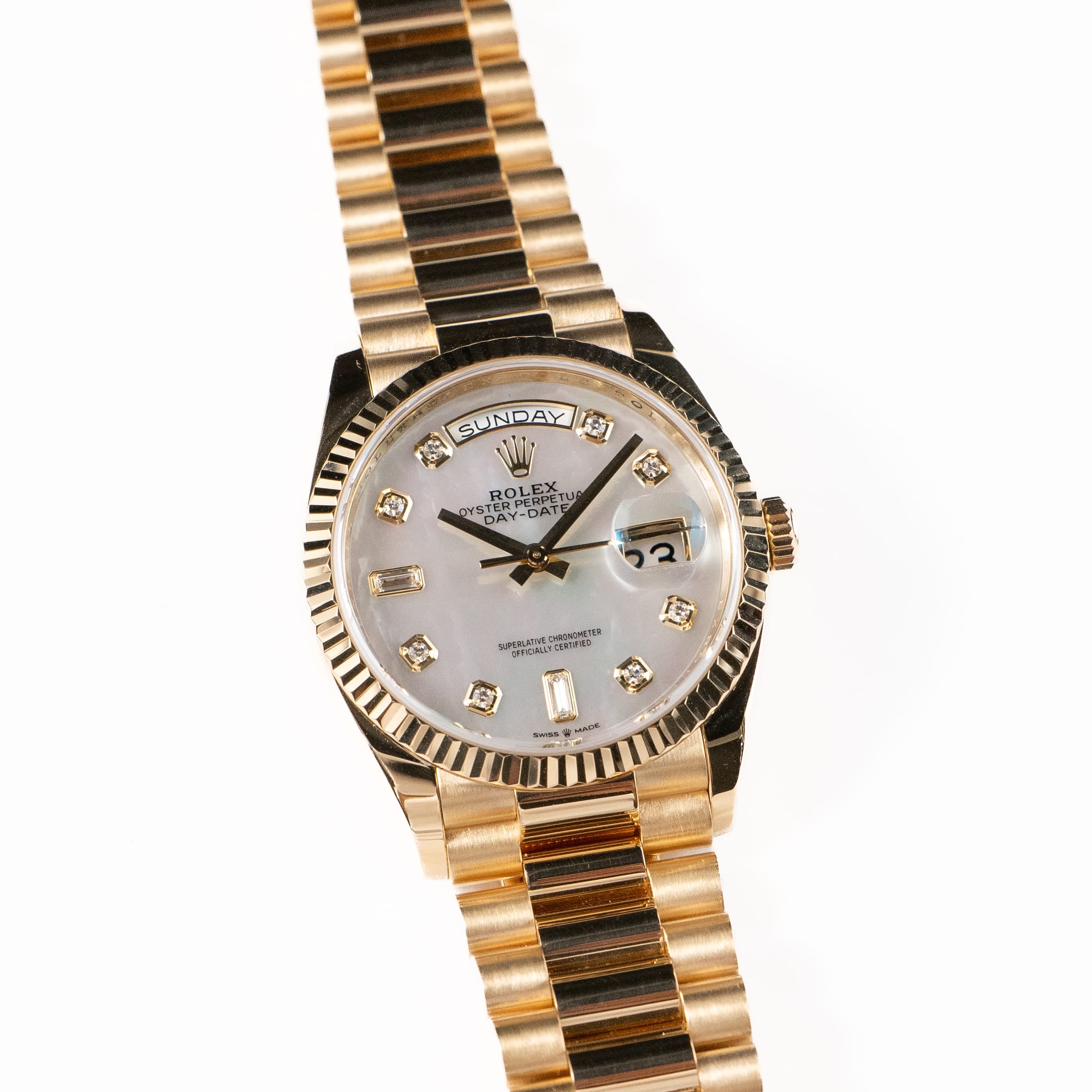 Rolex Day-Date 36 128238 Yellow Gold White Mother of Pearl Diamond Dial (2026)