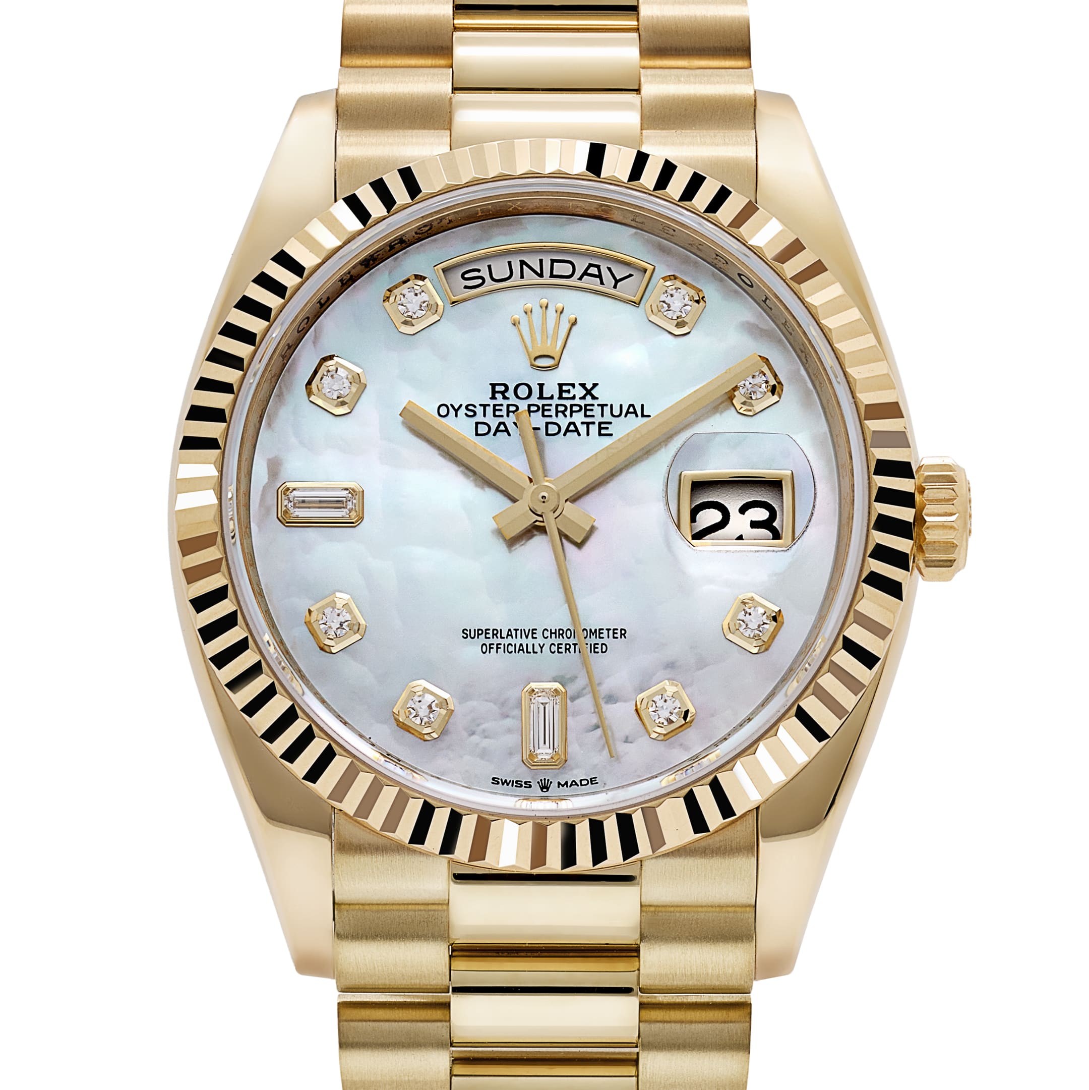 Rolex Day-Date 36 128238 Yellow Gold White Mother of Pearl Diamond Dial (2026)