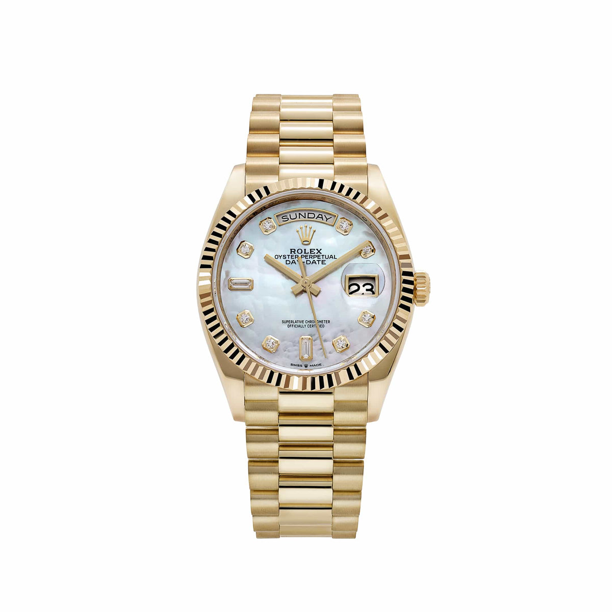 Rolex Day-Date 36 128238 Yellow Gold White Mother of Pearl Diamond Dial (2026)
