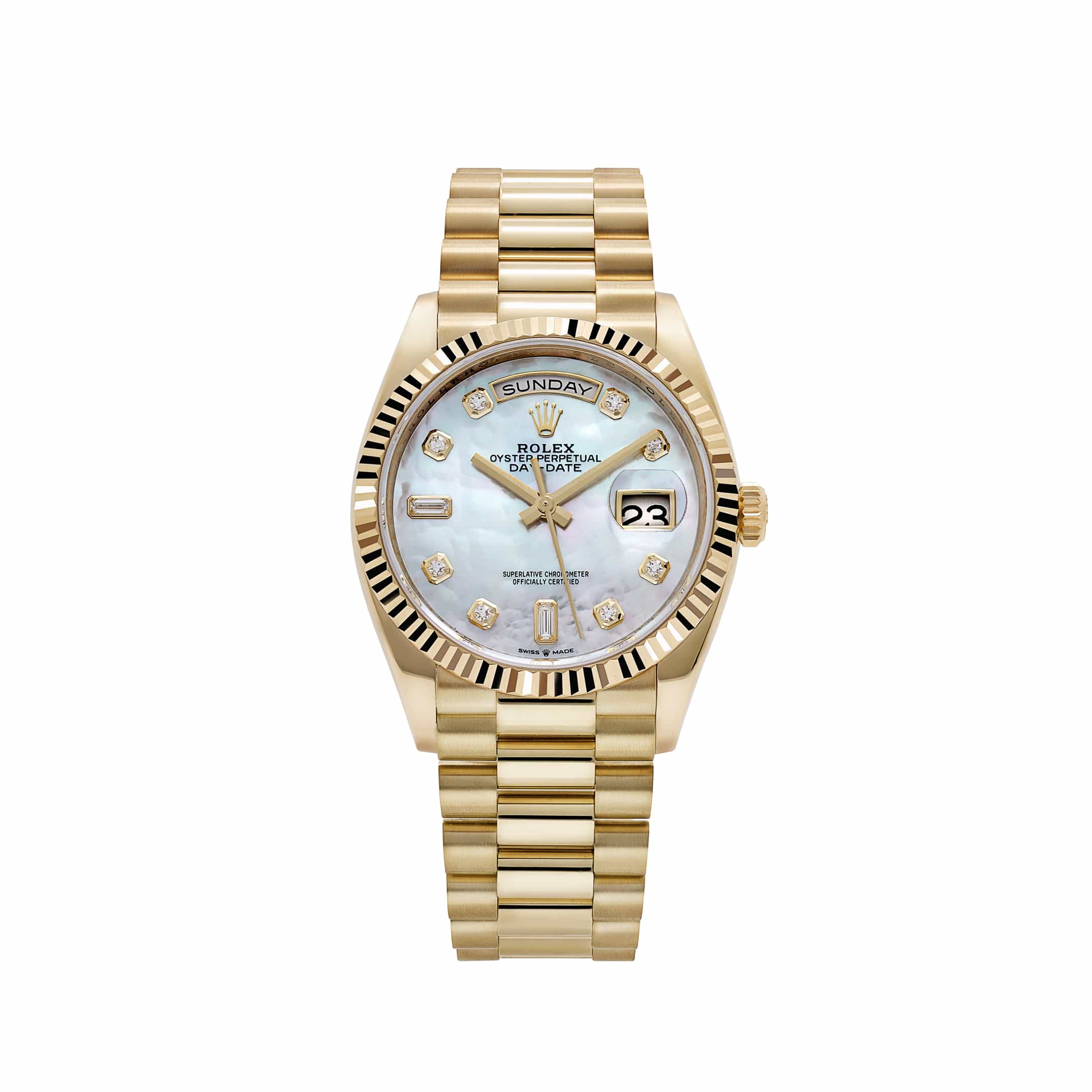 Rolex Day-Date 36 128238 Yellow Gold White Mother of Pearl Diamond Dial (2026)