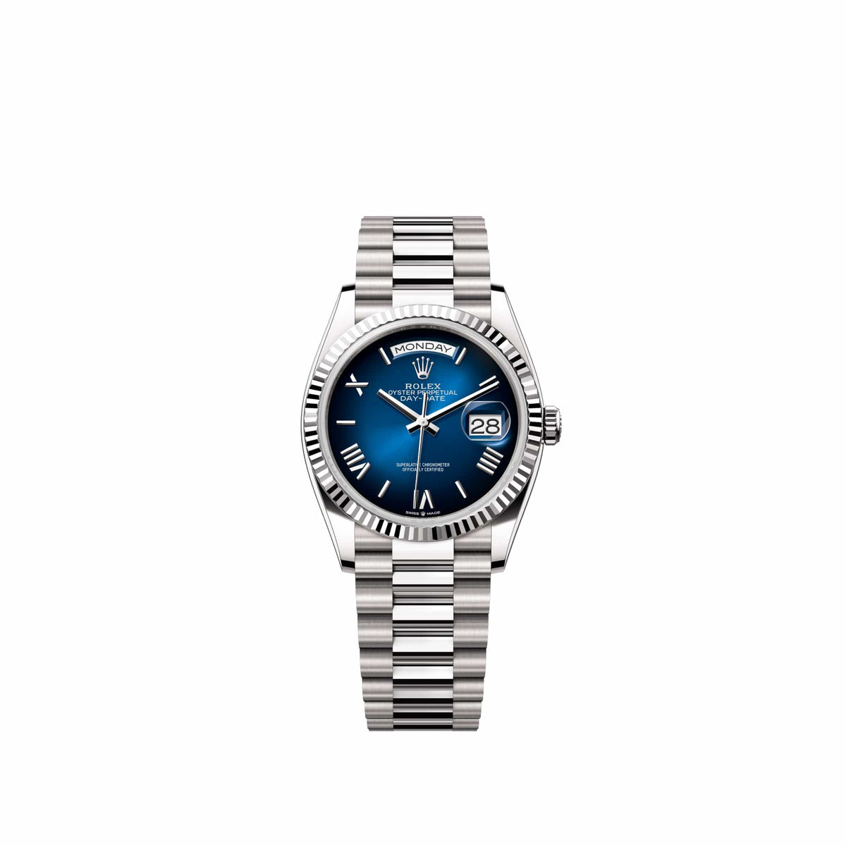 Rolex Day-Date 36 128239 White Gold Blue Ombre Roman Dial President (2026)