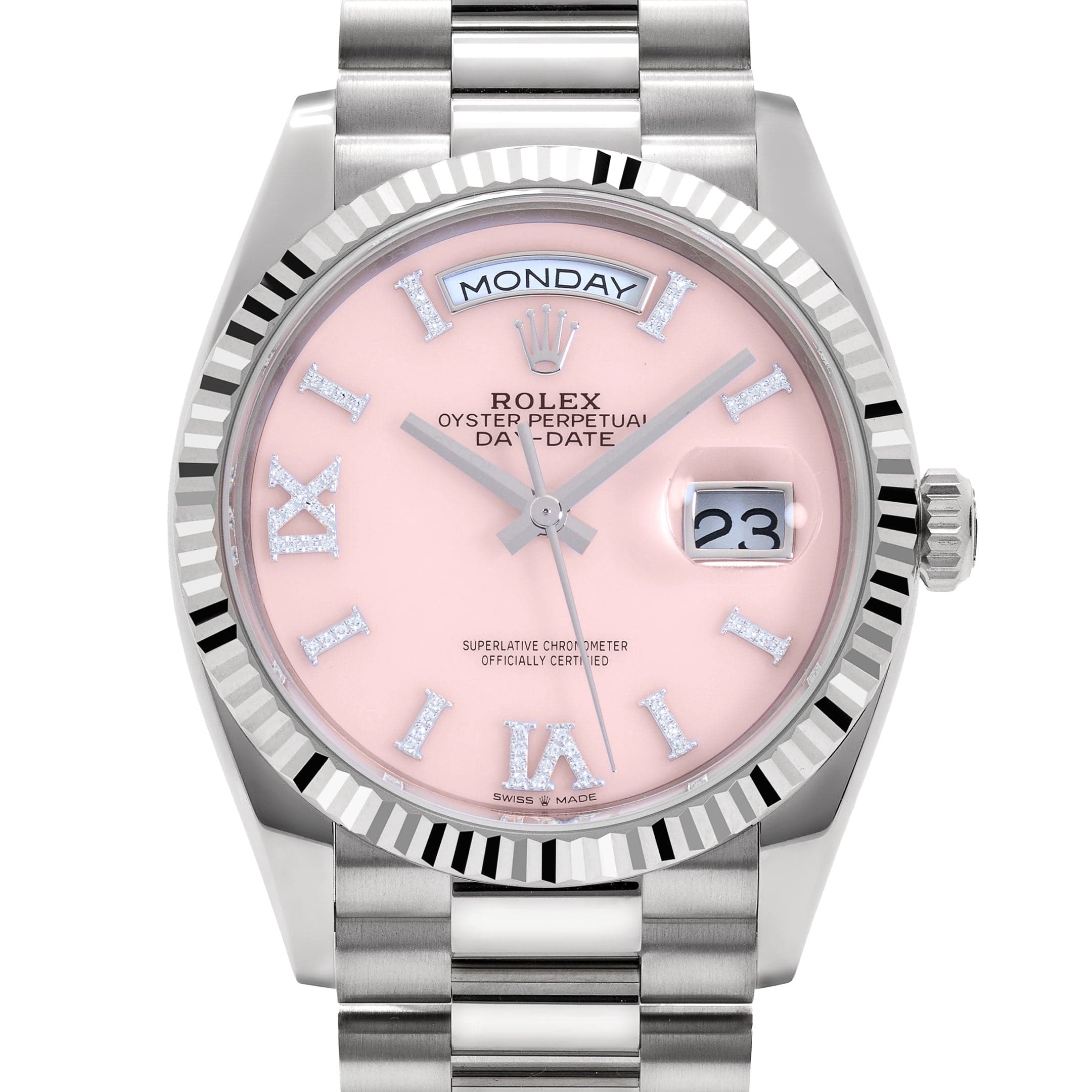 Rolex Day-Date 36 128239 White Gold Pink Opal Diamond Roman Numerals Dial (2025)